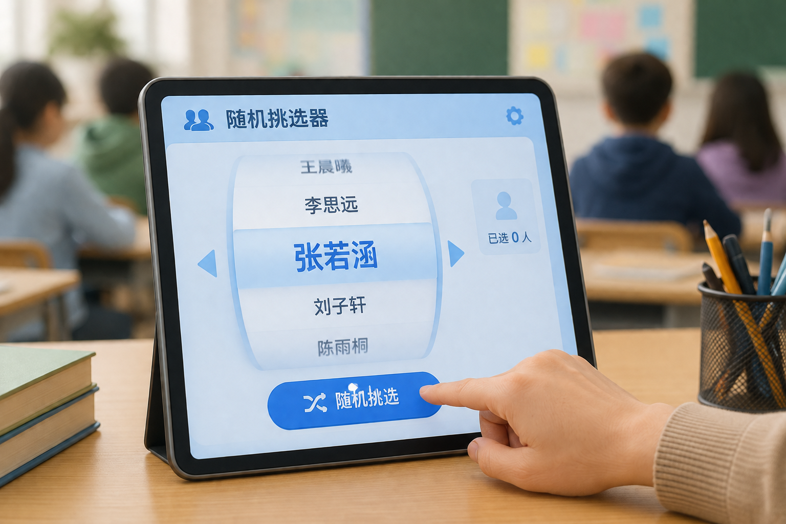 一个数字屏幕界面展示随机学生挑选器,教师的手指正点击“随机挑选”按钮,备选学生姓名在屏幕上滚动,背景是模糊的课桌与学生。
