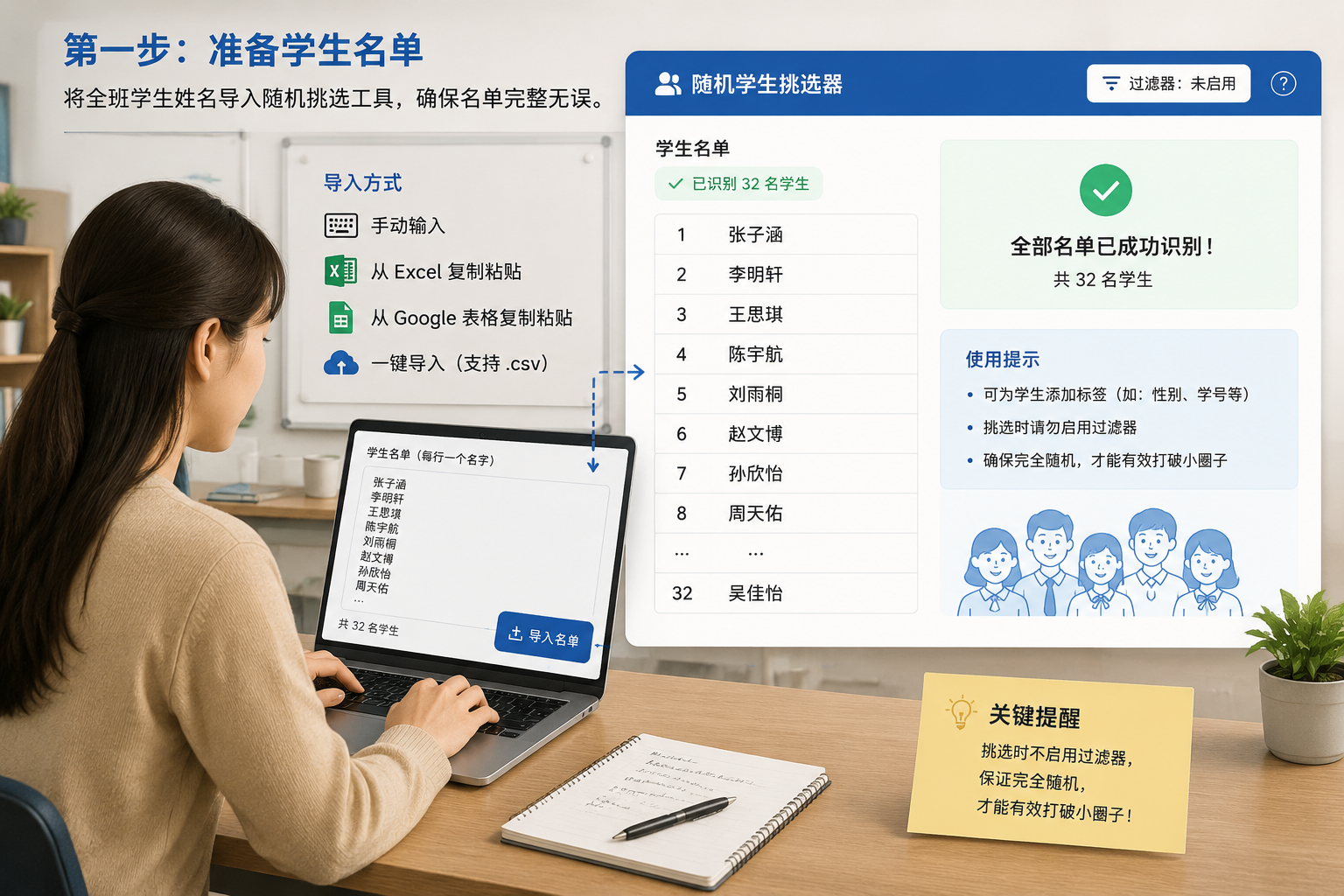 一个教学示意图,展示教师将一份手写名单输入电脑,旁边显示随机学生挑选器界面已识别出所有名字。