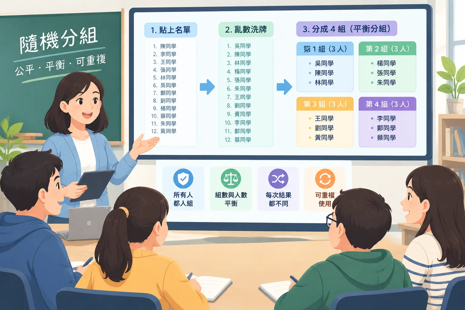 Clean instructional illustration of a name list being shuffled into four balanced groups on a screen