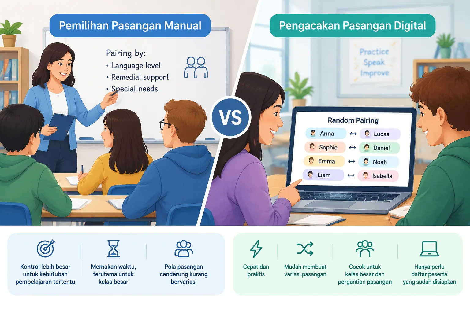 Perbandingan visual antara pemilihan pasangan manual dan pengacakan pasangan digital untuk kelas bah