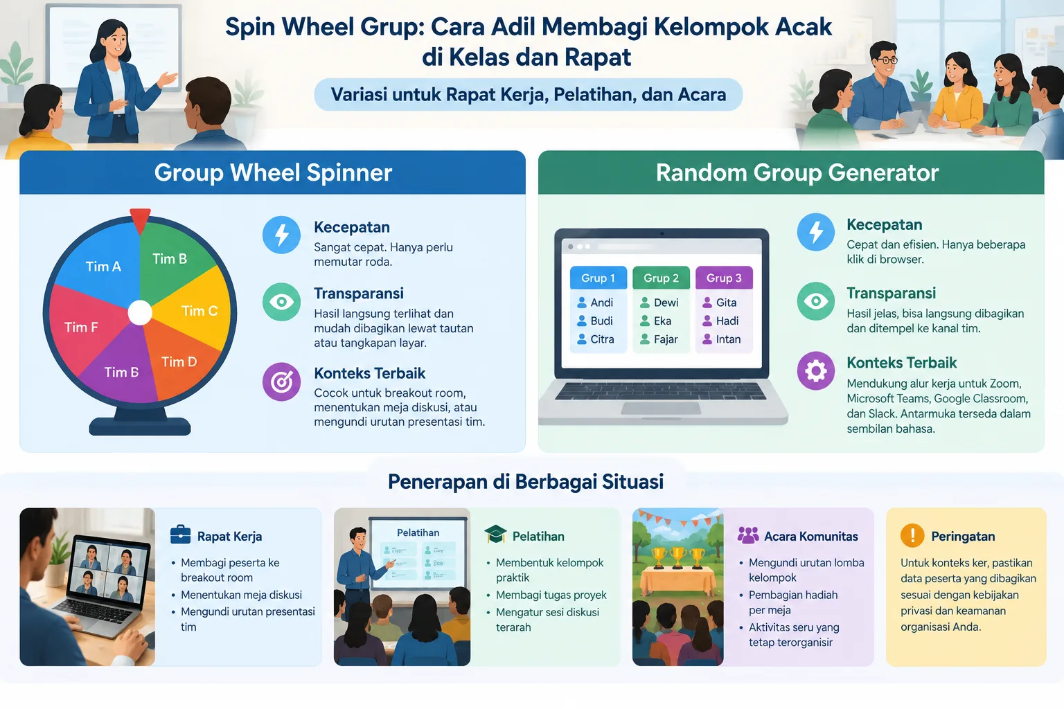 Side-by-side infographic comparing a group wheel spinner and a random group generator on speed