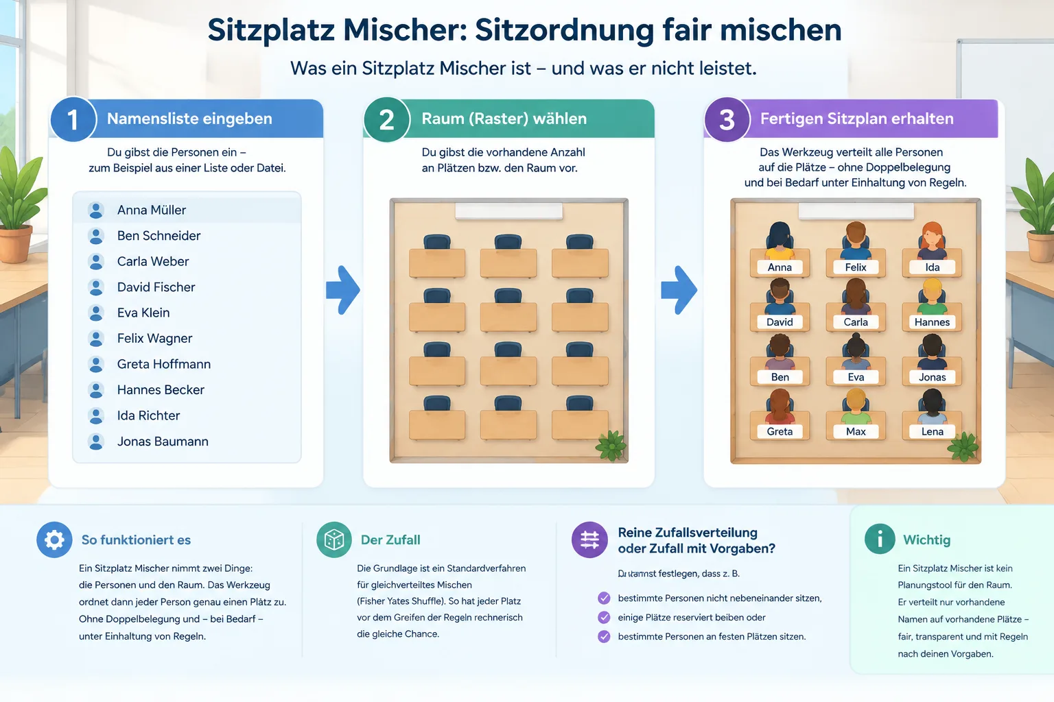 Instruktionsgrafik mit drei Schritten: Namensliste links