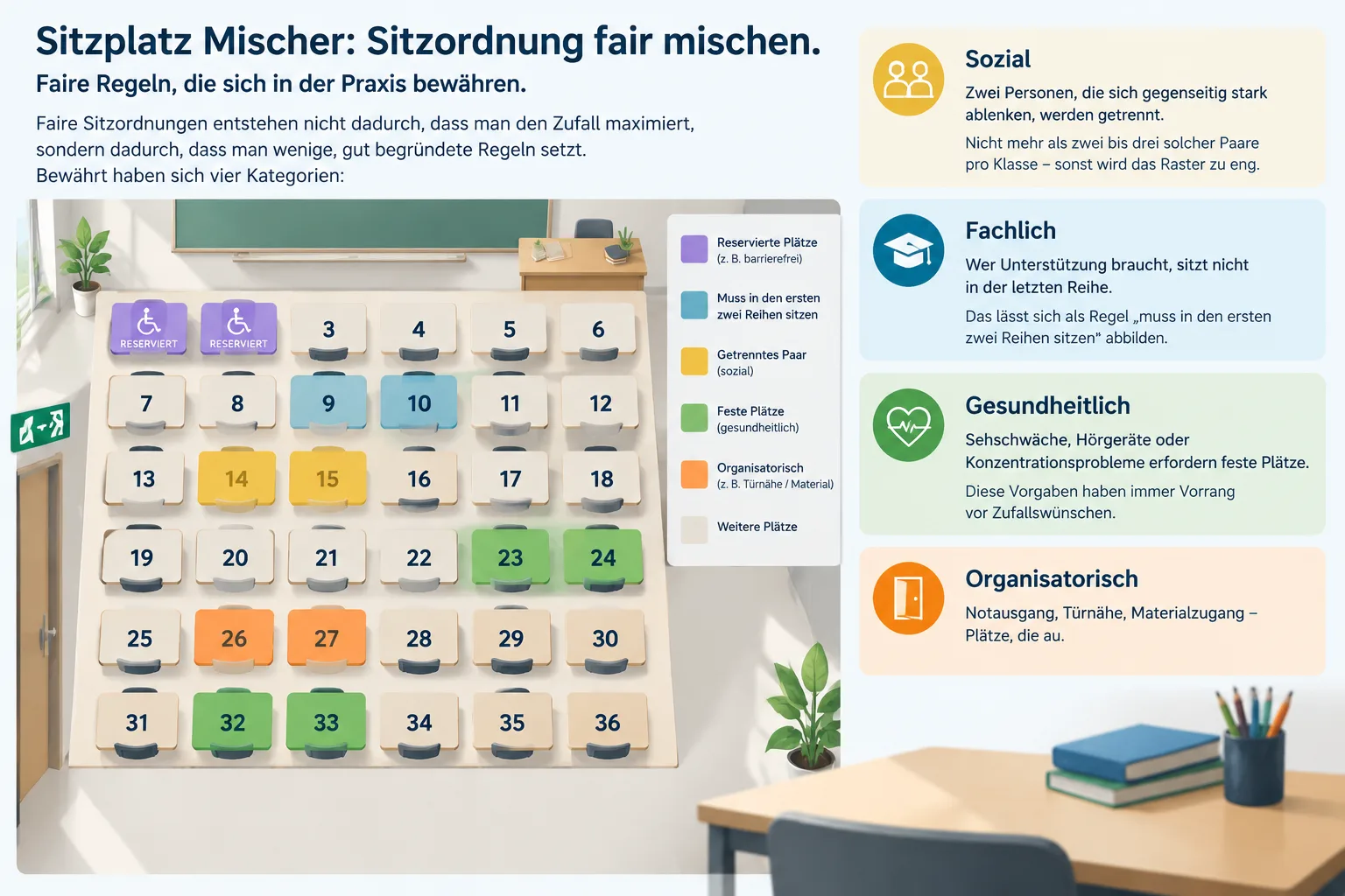 Sitzplan-Beispiel als Raster mit farblich markierten Trennregeln und zwei reservierten Plätzen in de