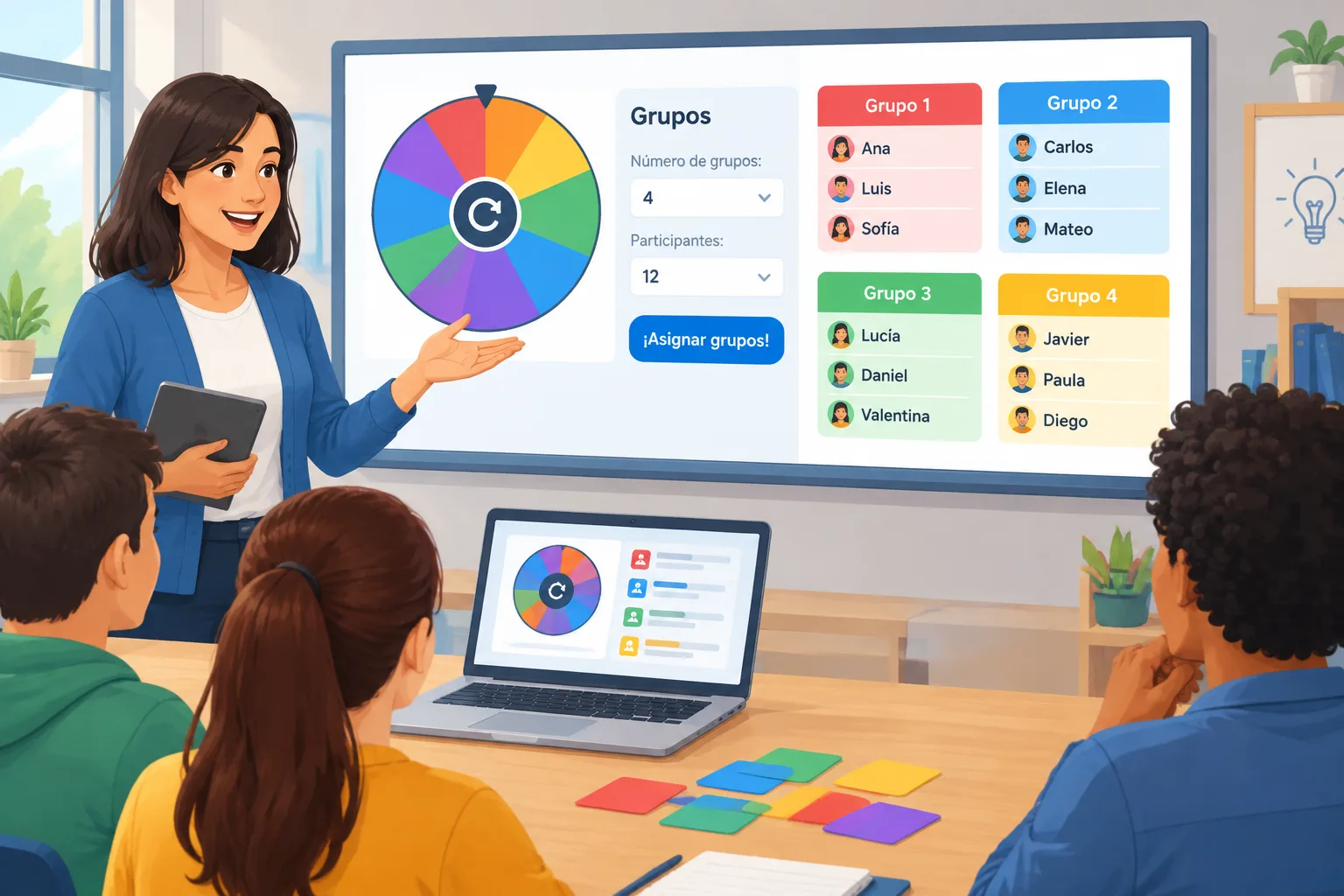 Ilustración educativa de una ruleta digital que divide participantes en varios grupos mediante tarje