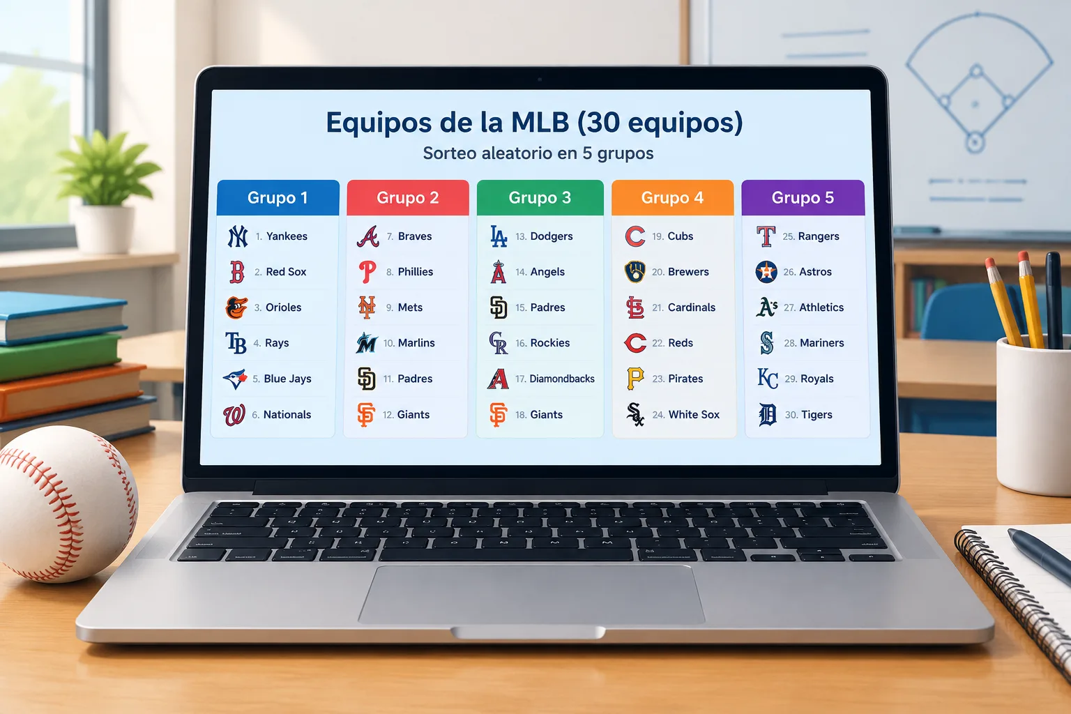Ilustración limpia de una lista con 30 nombres de equipos de béisbol repartida en cinco grupos igual