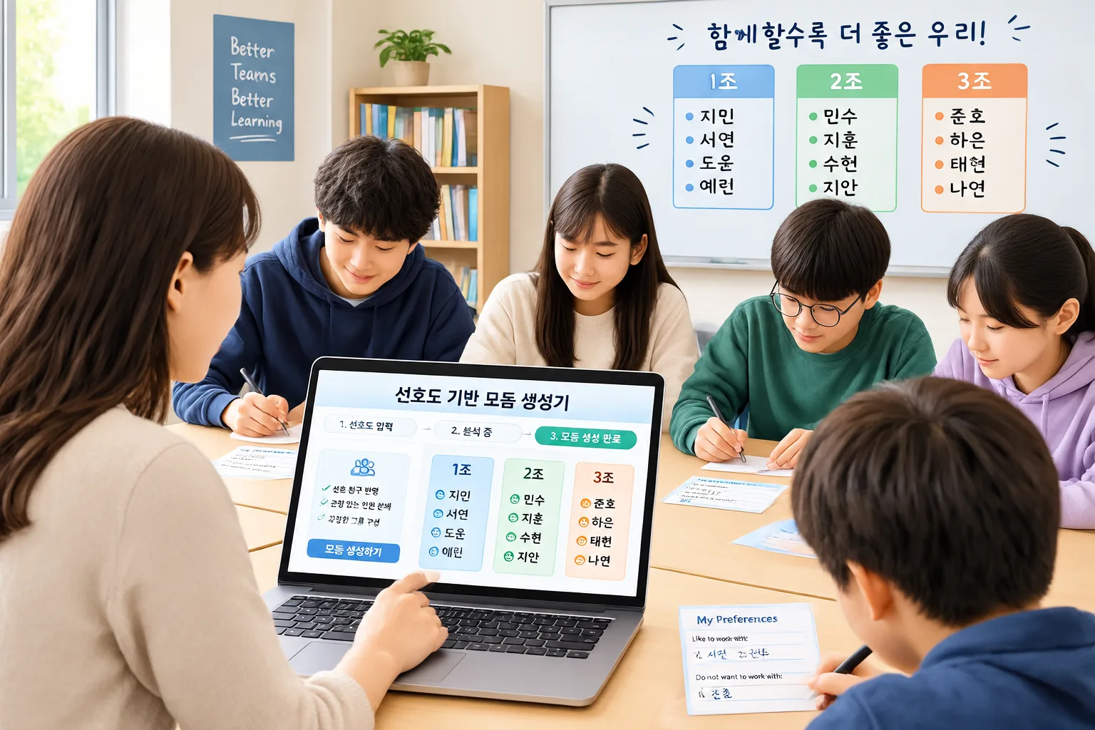 Teacher using a preference-based group maker on a laptop