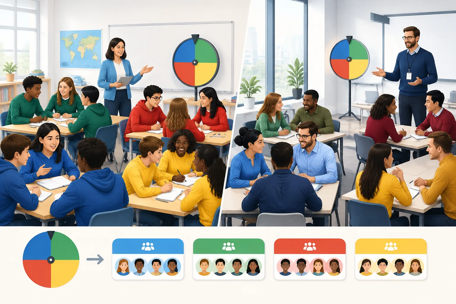 Infographie montrant des exemples de groupes formés dans une salle de classe et un atelier professio