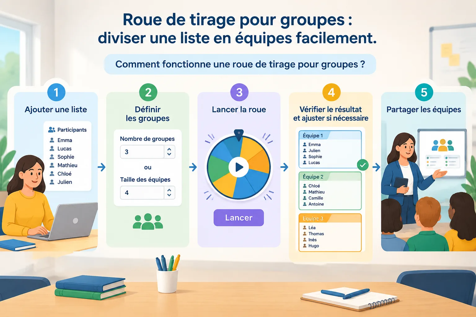 Schéma simple montrant les étapes ajouter une liste définir les groupes lancer la roue partager les