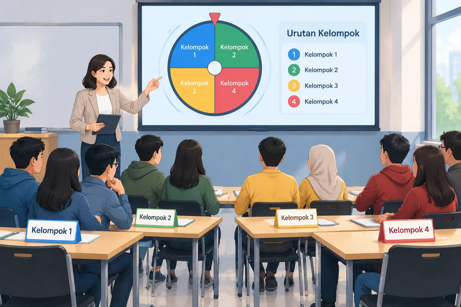 Ilustrasi guru menampilkan roda pemutar di layar kelas sementara empat kelompok menunggu giliran