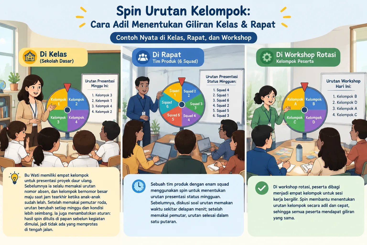 Ilustrasi tiga konteks berbeda, kelas, rapat, dan workshop rotasi, memakai roda pemutar yang sama