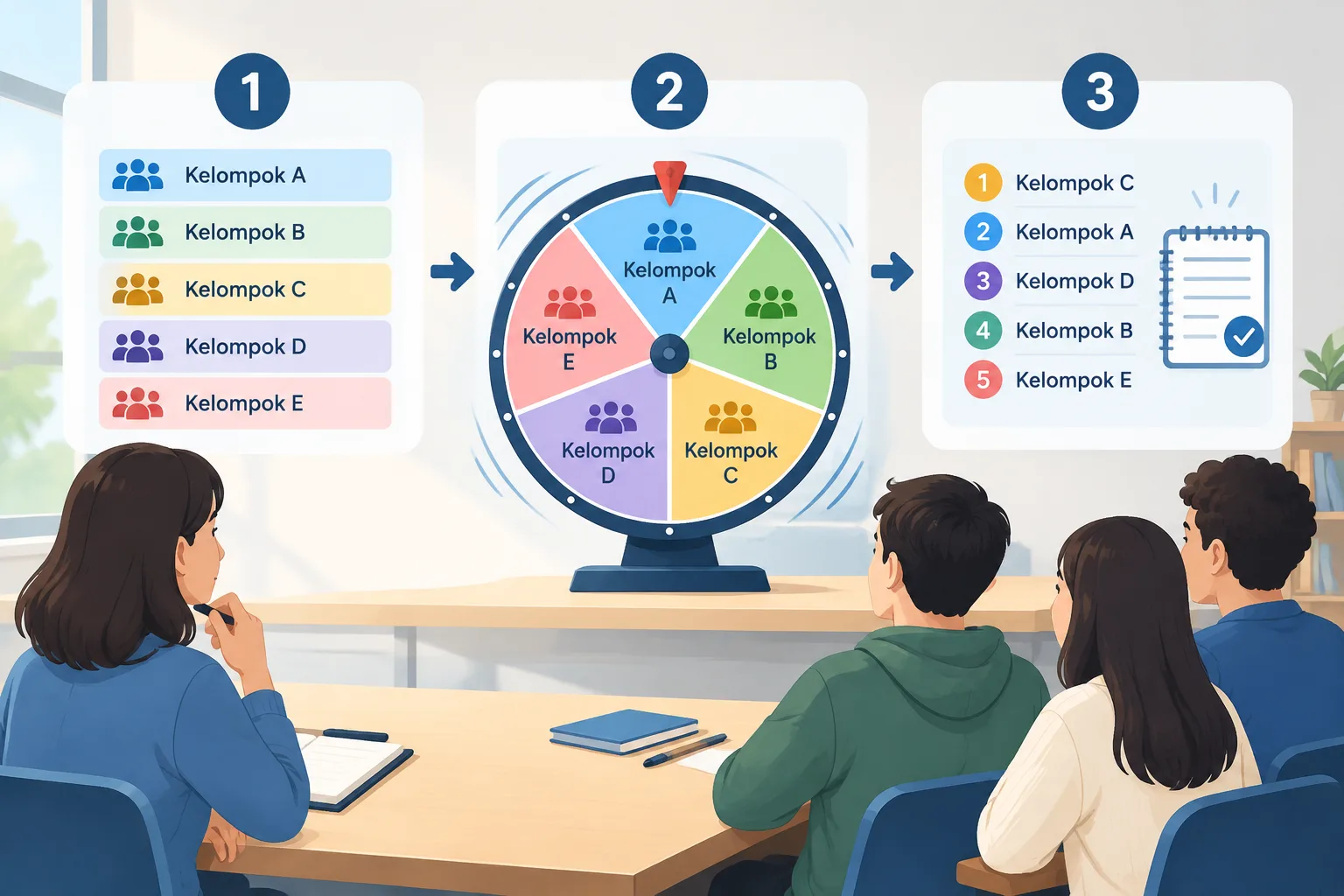 Diagram tiga langkah dari daftar nama kelompok sampai urutan giliran tersimpan di catatan