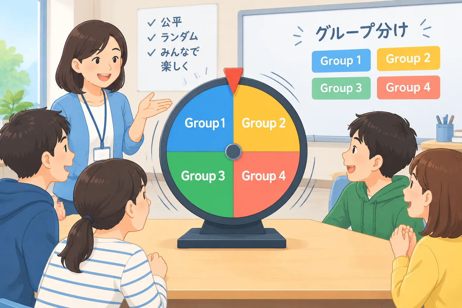 A clean instructional illustration of a spinning wheel divided into colored segments labeled Group 1