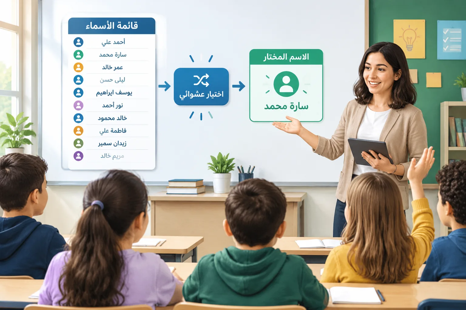 تعليمية توضح قائمة أسماء تتحول إلى اختيارات عشوائية منظمة داخل ورشة أو صف