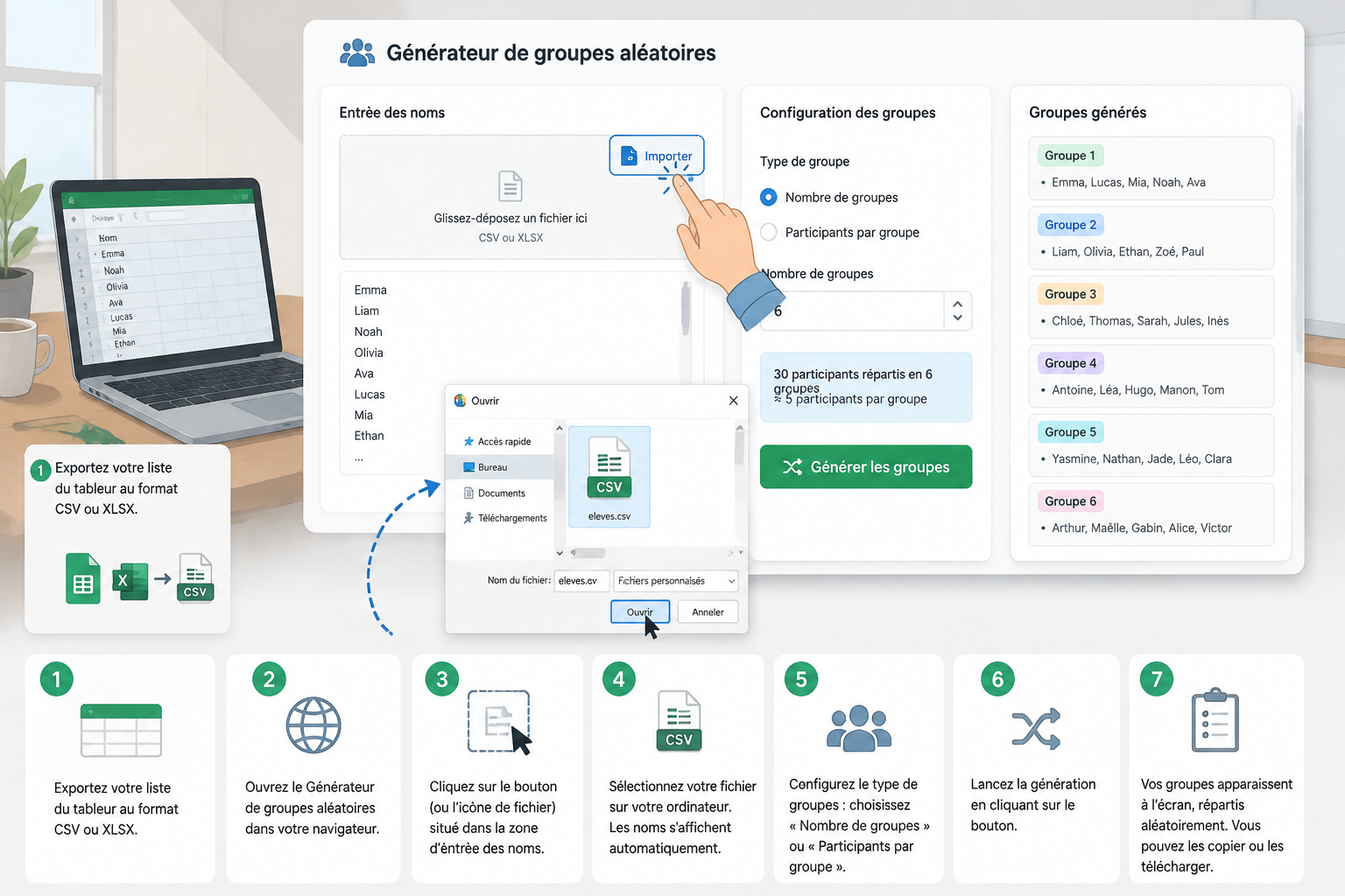 Hand clicking 'Importer' button on the Random Group Generator interface, selecting a CSV file, clean diagram