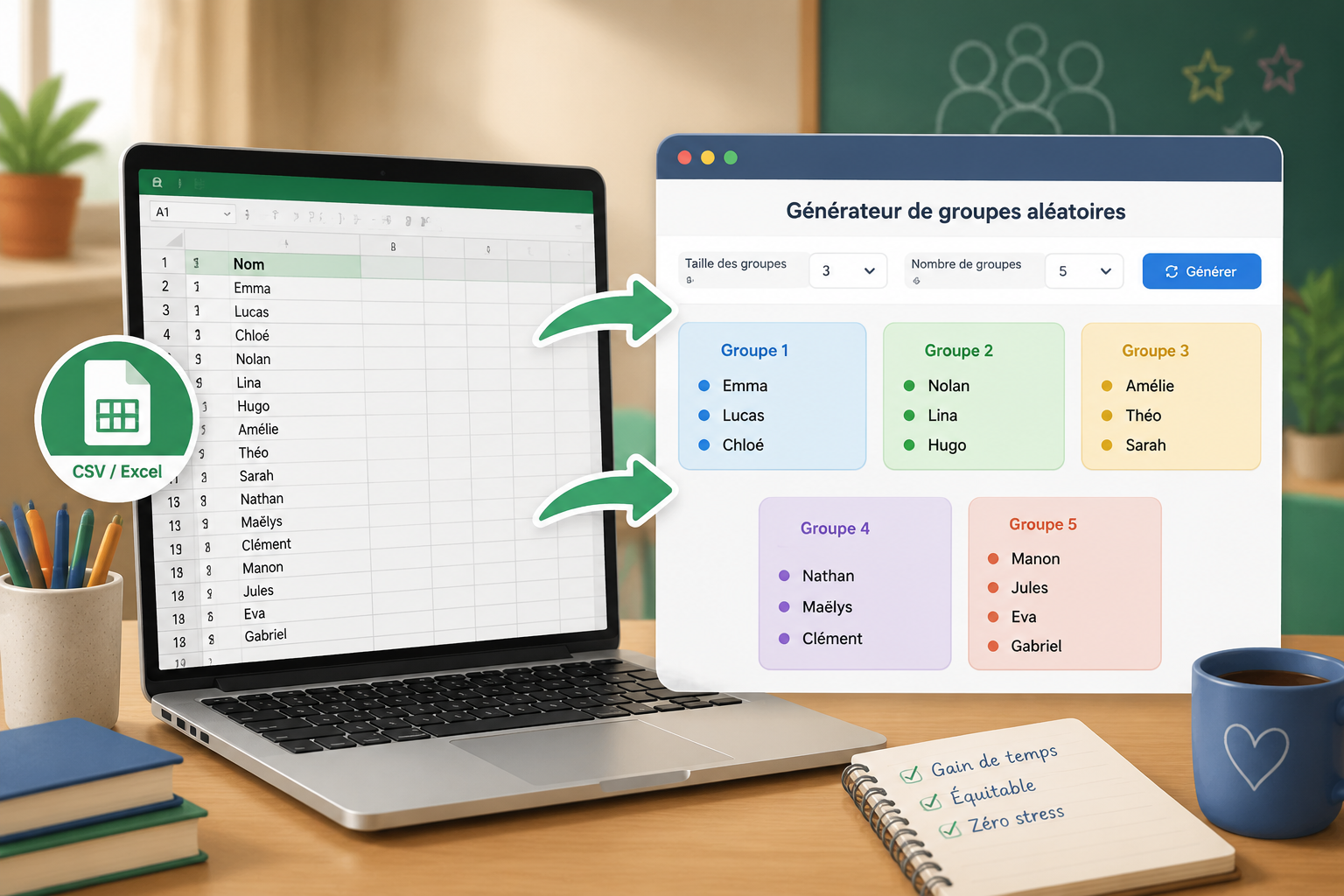 Spreadsheet list on laptop screen, arrows leading to web tool showing colorful random groups, clean illustration