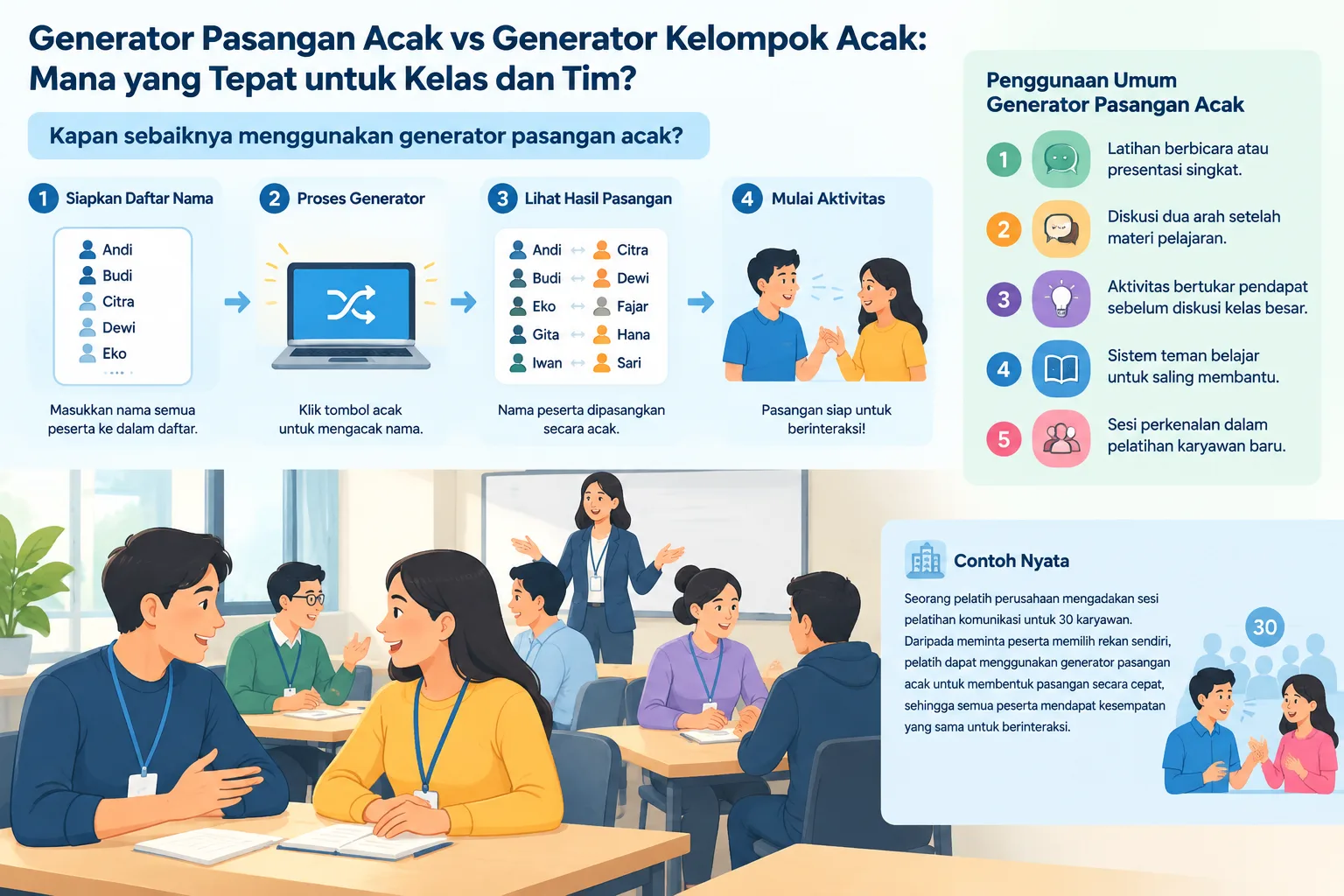 ilustrasi langkah penggunaan generator pasangan acak dari daftar nama hingga hasil pasangan