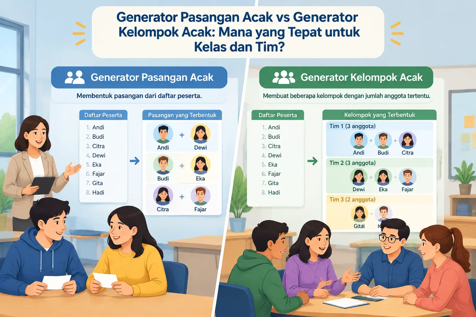 ilustrasi diagram perbandingan pasangan acak dan kelompok acak dengan kartu peserta yang tersusun me