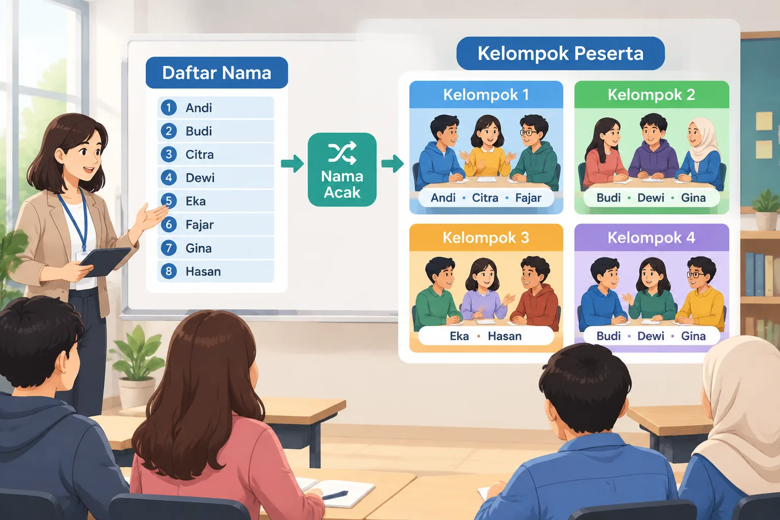 Ilustrasi diagram sederhana yang menunjukkan daftar nama berubah menjadi kelompok peserta secara aca