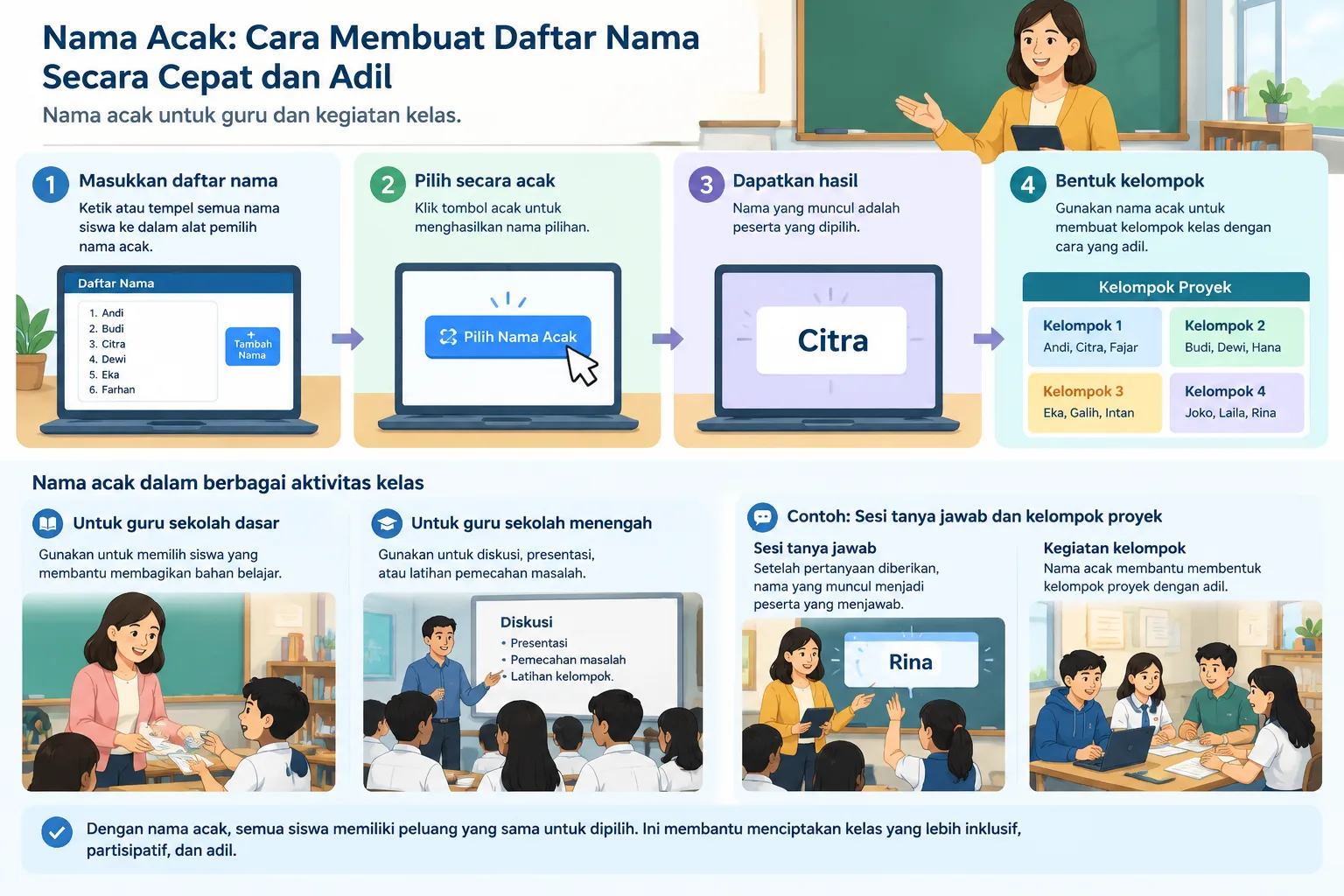 Infografik langkah demi langkah tentang memasukkan daftar nama memilih hasil acak dan membentuk kelo