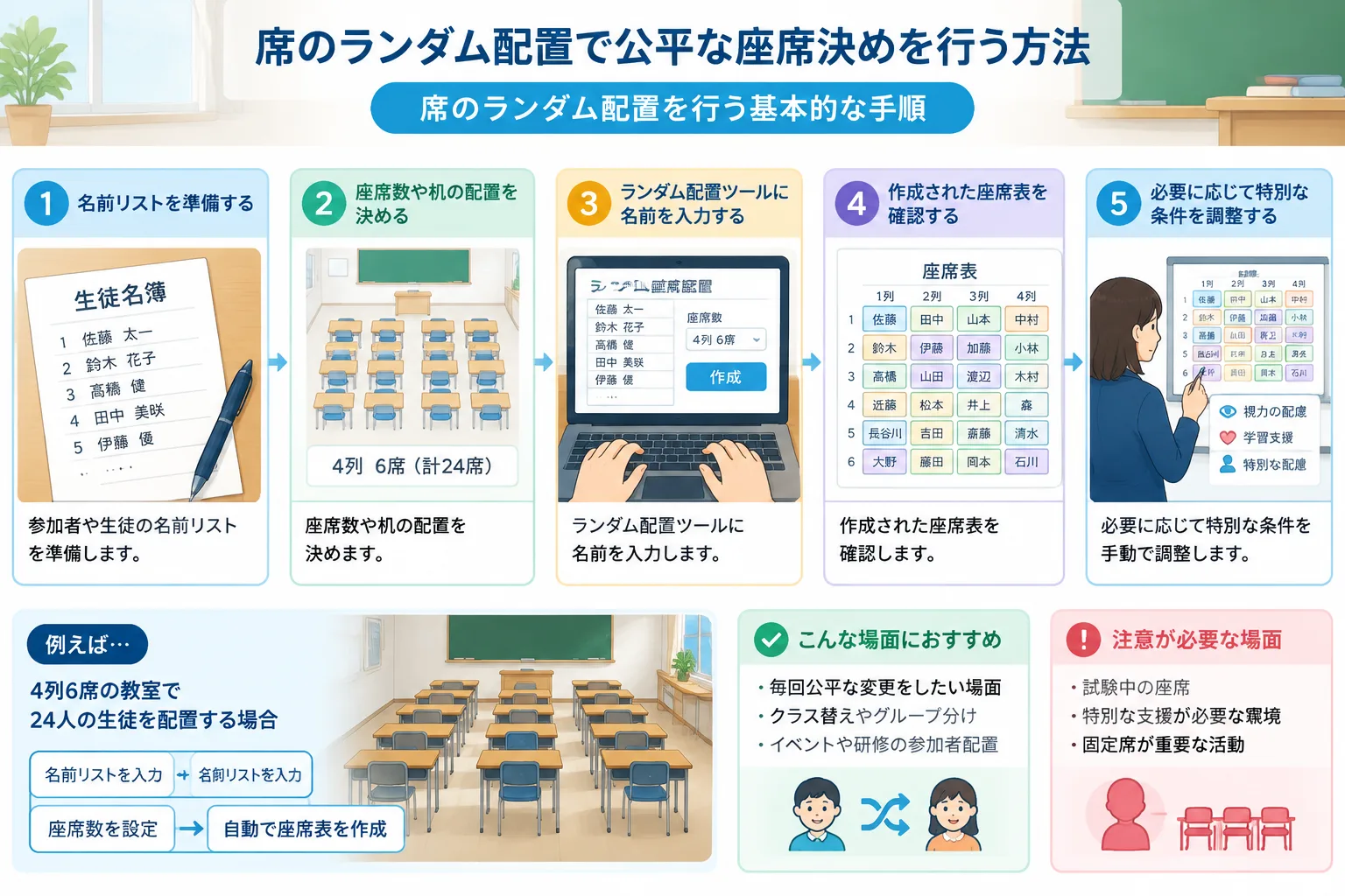 instructional diagram showing five steps from student list input to final seating chart