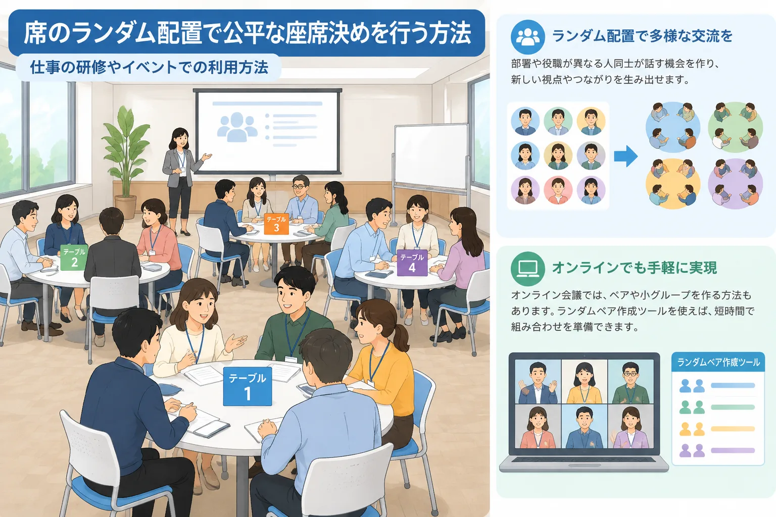 workshop seating arrangement diagram showing participants assigned to different tables