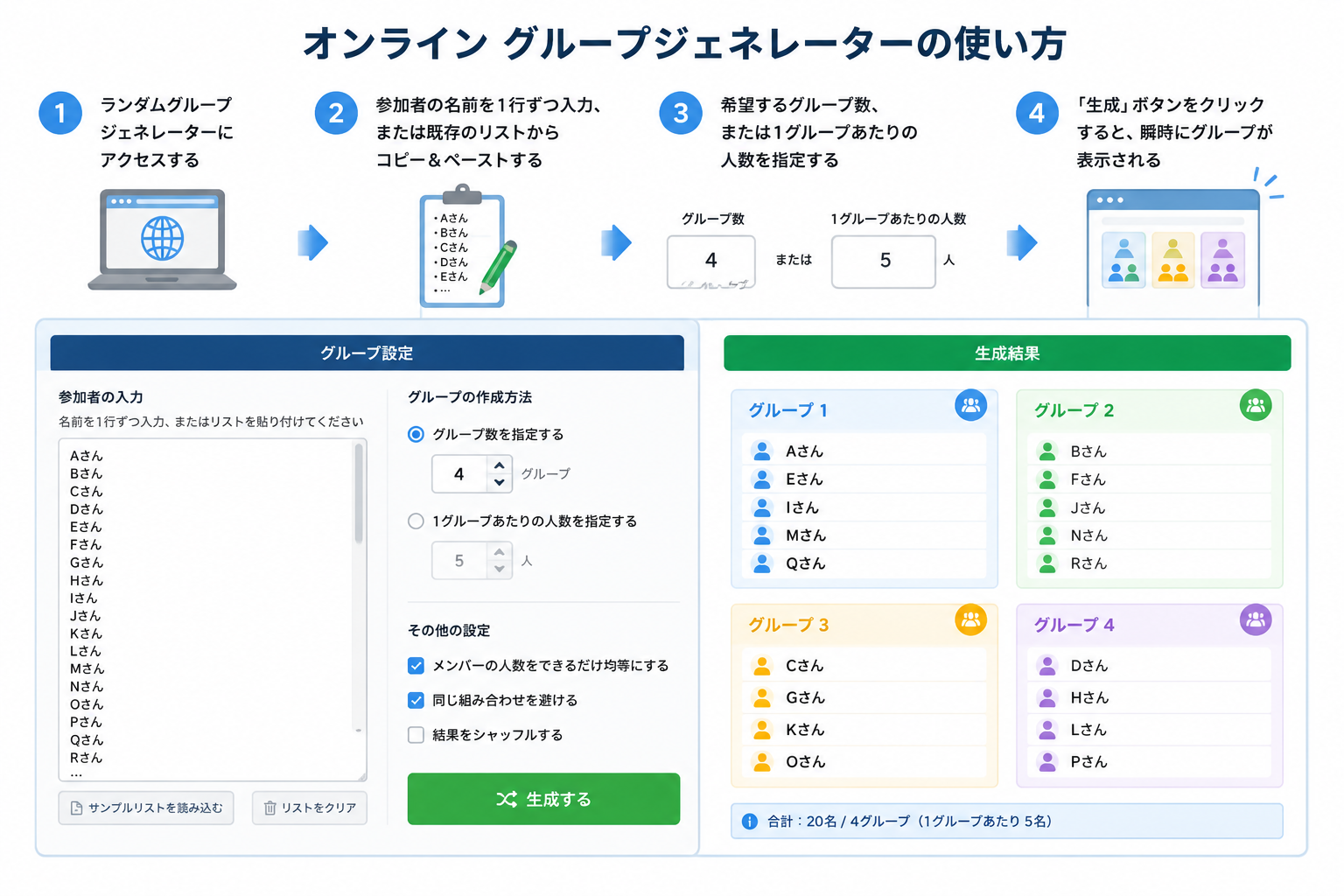 クリーンなオンライングループジェネレーターのインターフェース。名前入力フィールドとグループ設定オプションが表示され、結果が色分けされたグループとして出力されている。