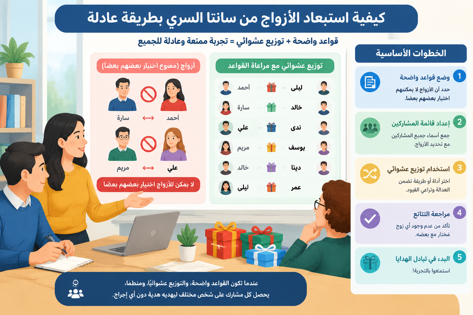 تنظيم بصري يوضح شبكة أسماء مشاركين مع قواعد تمنع اختيار الأزواج في تبادل هدايا سانتا السري