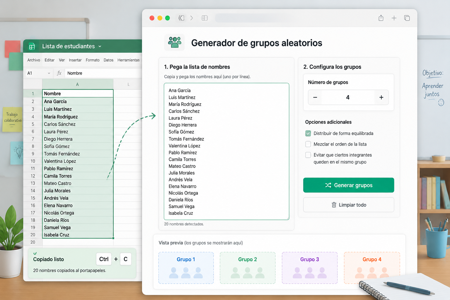 Interfaz del generador de grupos con una lista de nombres pegada desde una hoja de cálculo y la opción de elegir cantidad de grupos