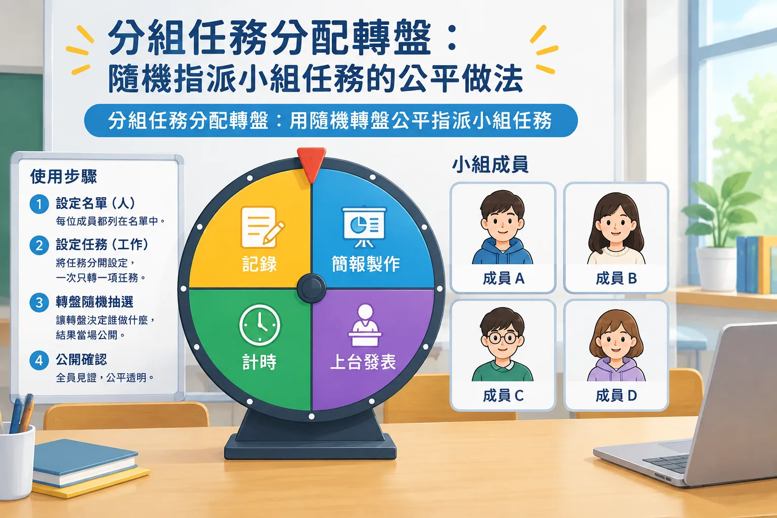 Clean instructional illustration of a spinning wheel divided into task labels such as notes