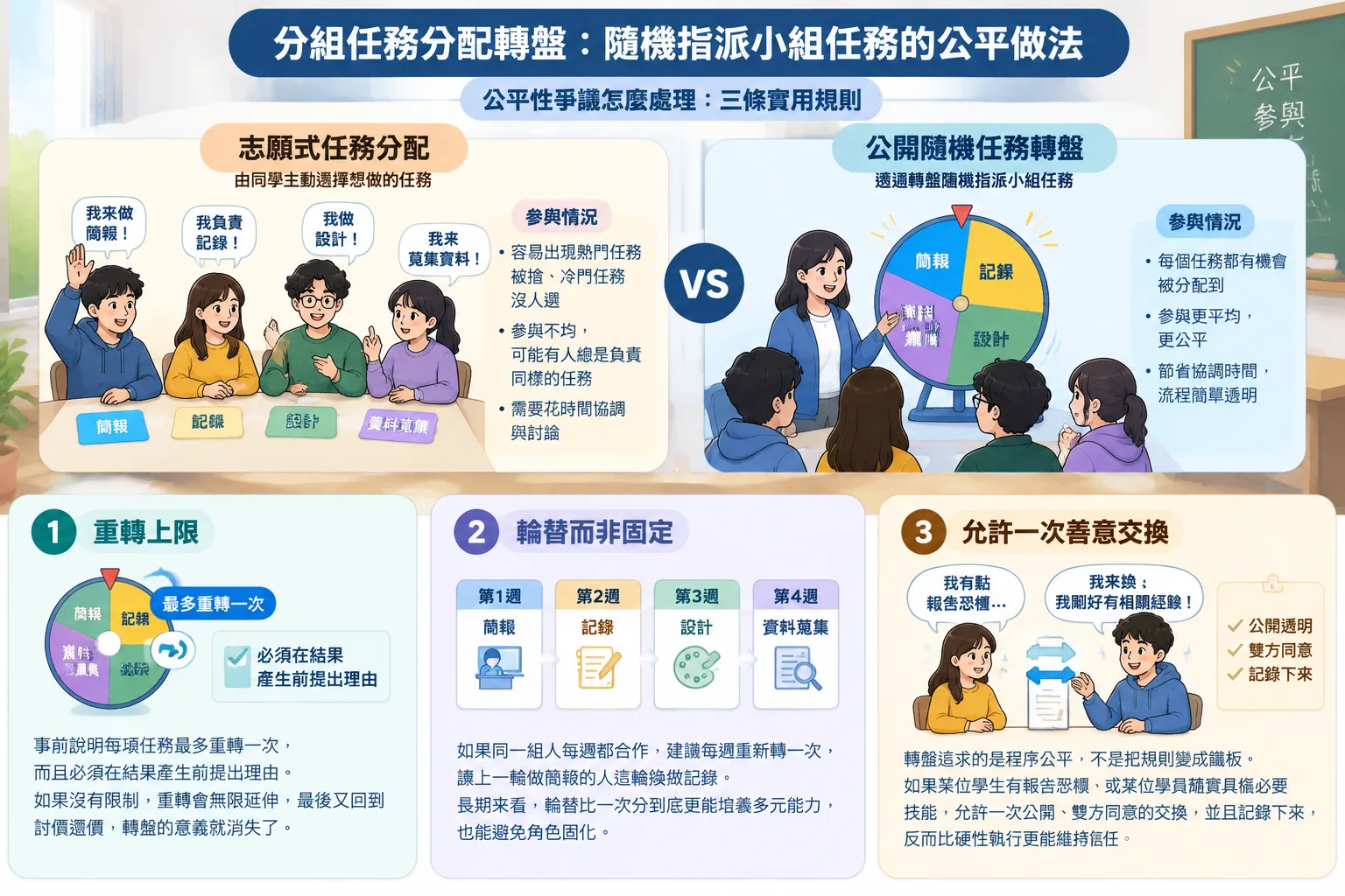 Simple comparison graphic contrasting volunteer-based task division