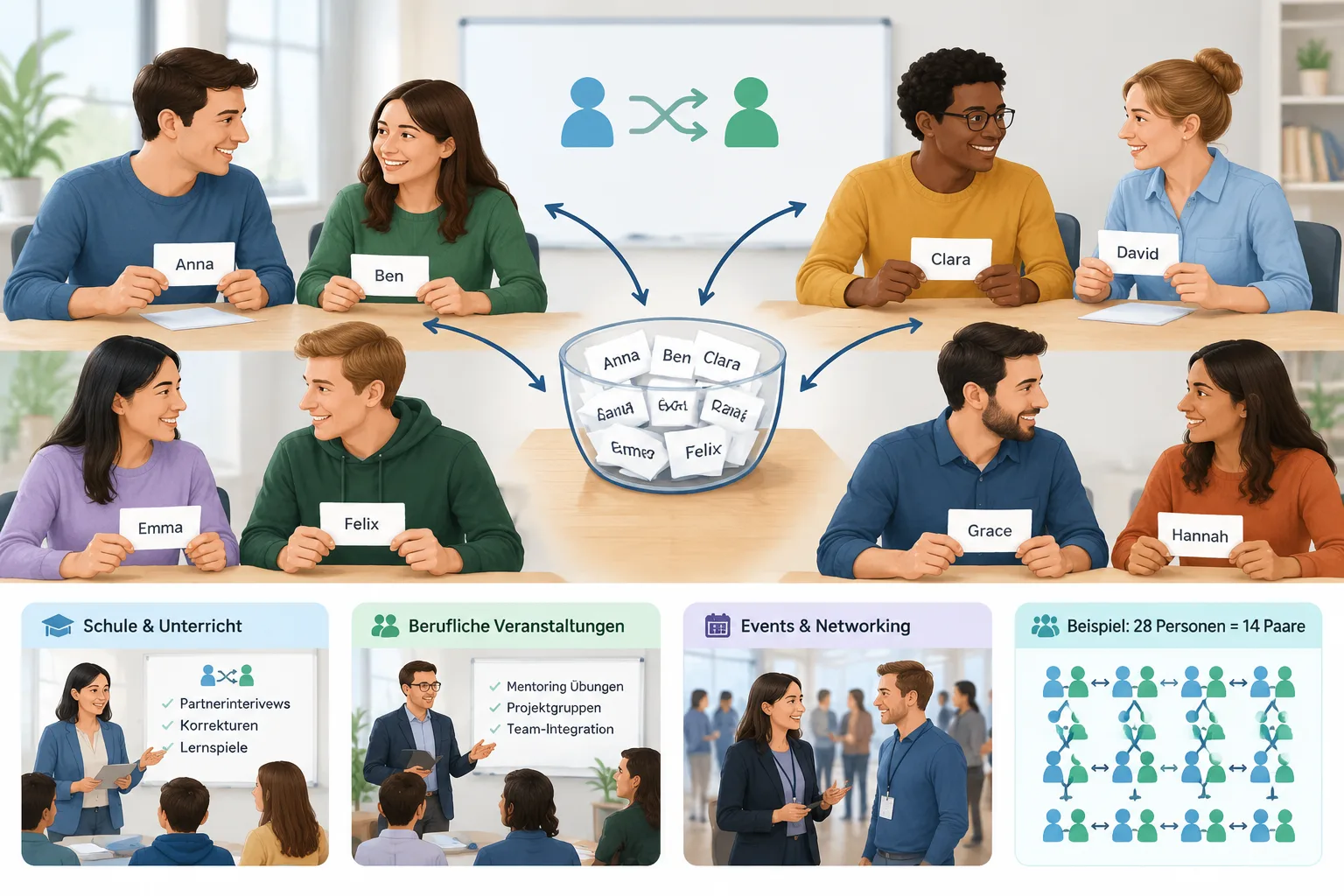 Eine neutrale Workshop-Illustration zeigt Erwachsene und Lernende