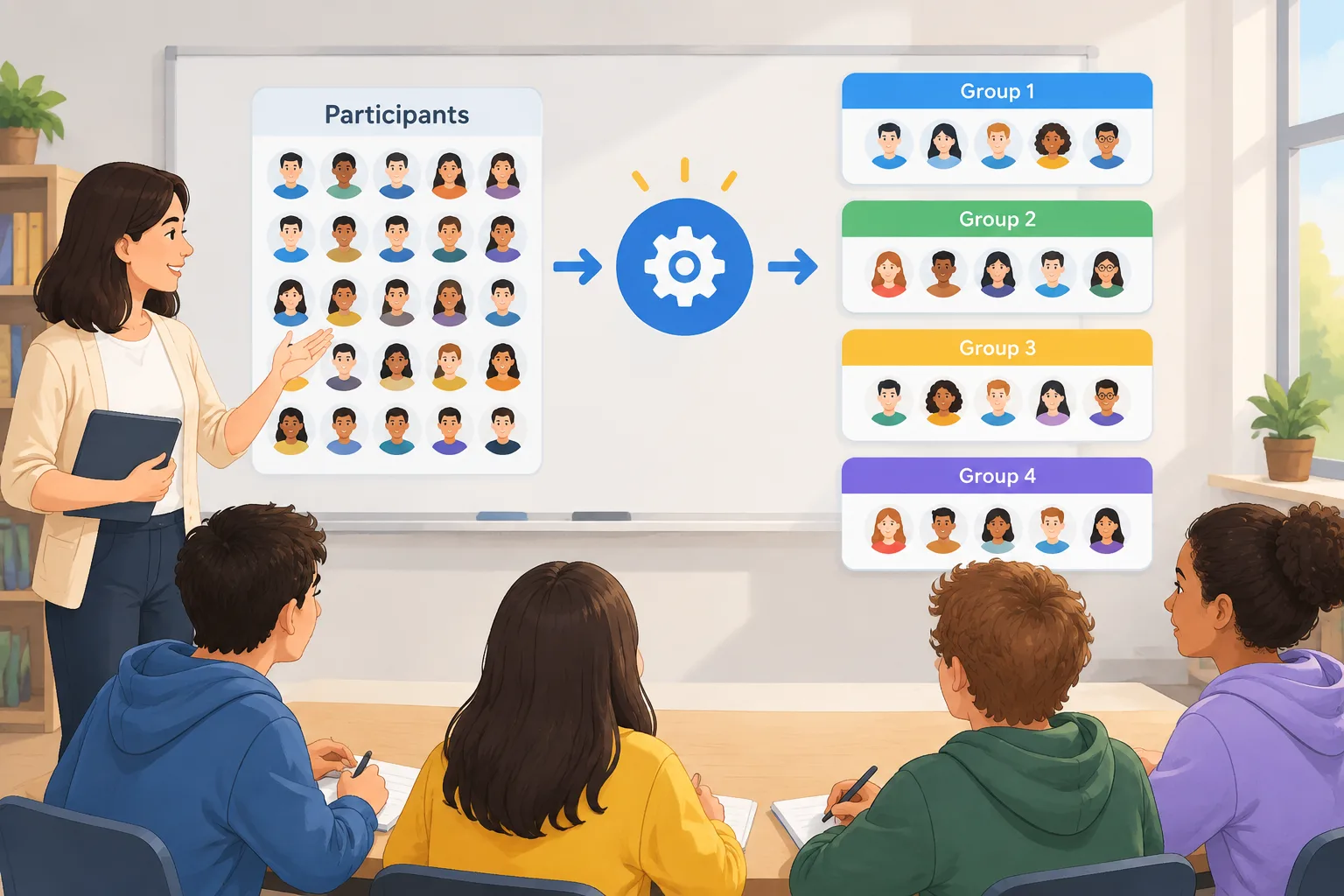Ilustración educativa de una cuadrícula de participantes que se divide automáticamente en varios gru