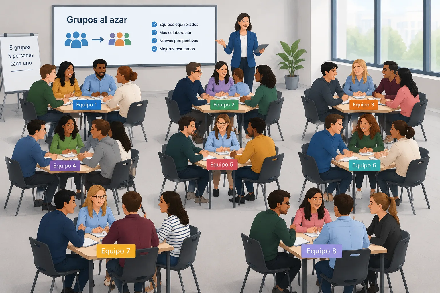 Diagrama limpio de taller profesional mostrando participantes distribuidos en equipos pequeños para