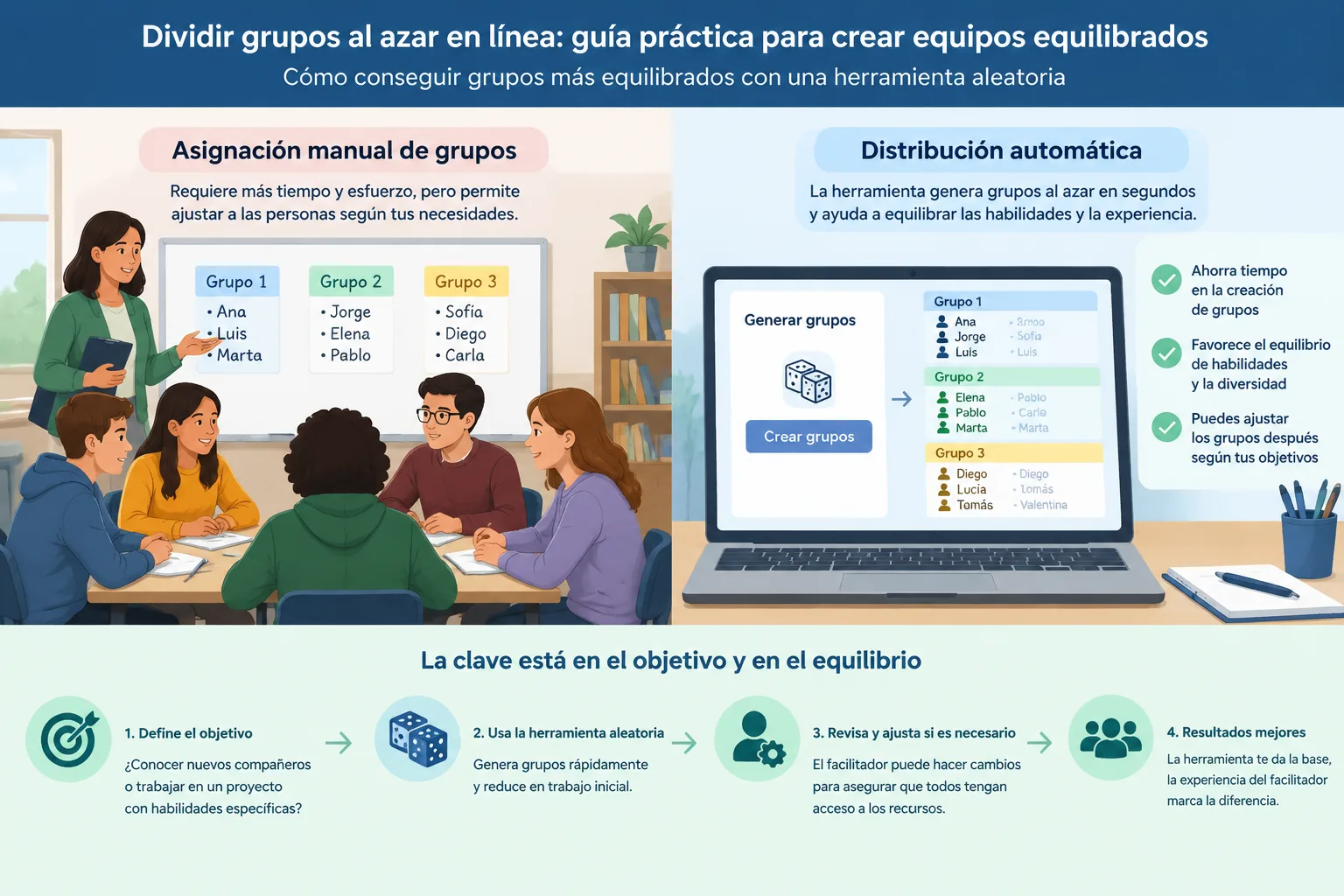Infografía educativa que compara una asignación manual de grupos con una distribución automática org