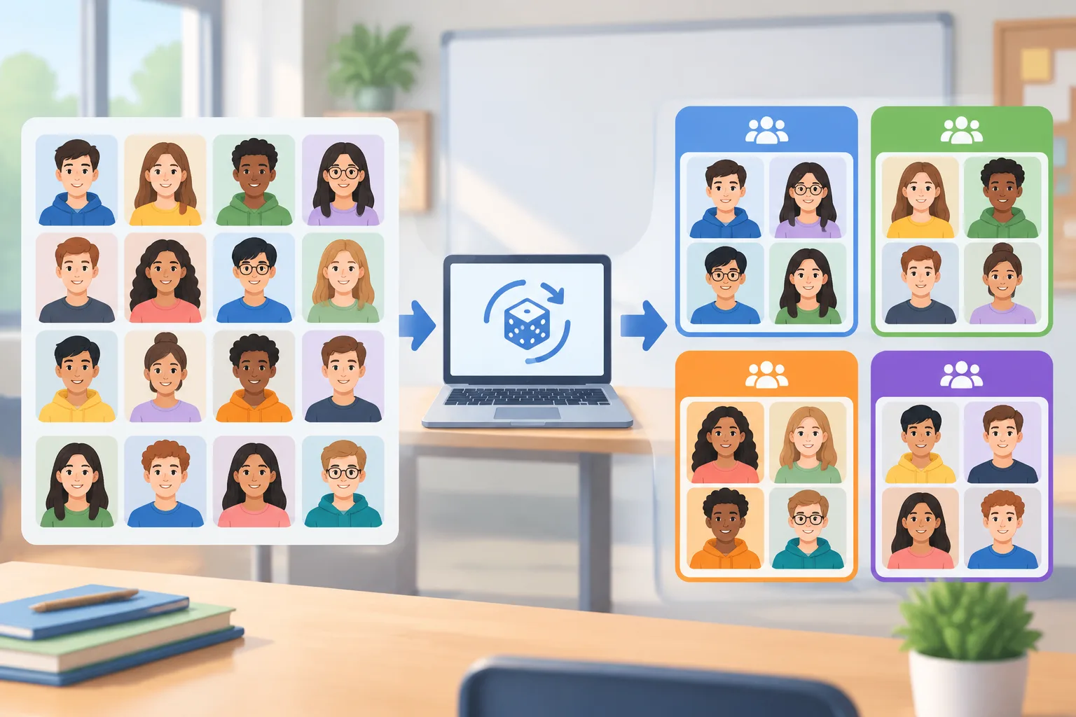 Ilustración educativa de una cuadrícula de participantes que se transforma en varios grupos equilibr