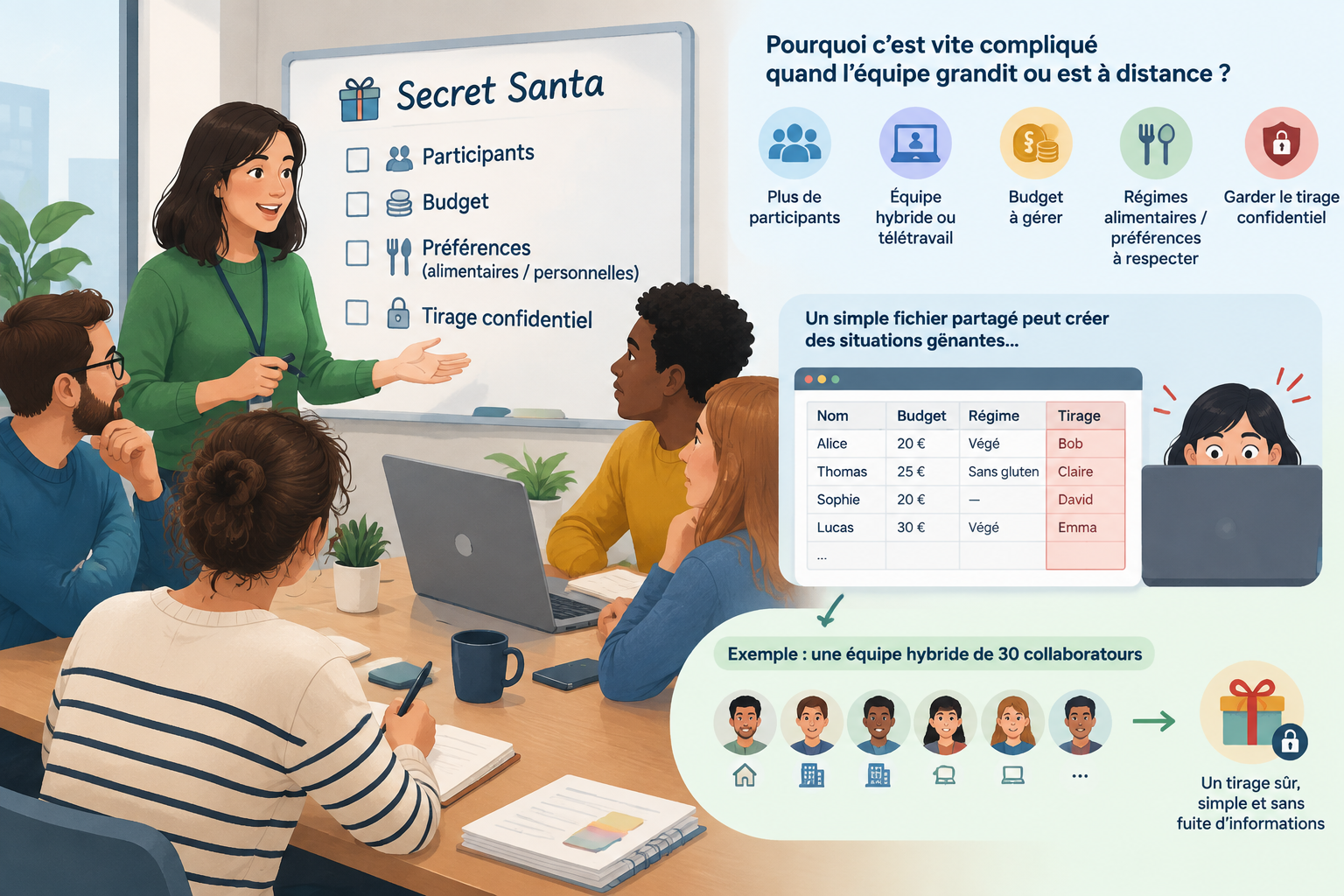 Illustration pédagogique montrant une équipe de travail avec une liste de participants et un flux de