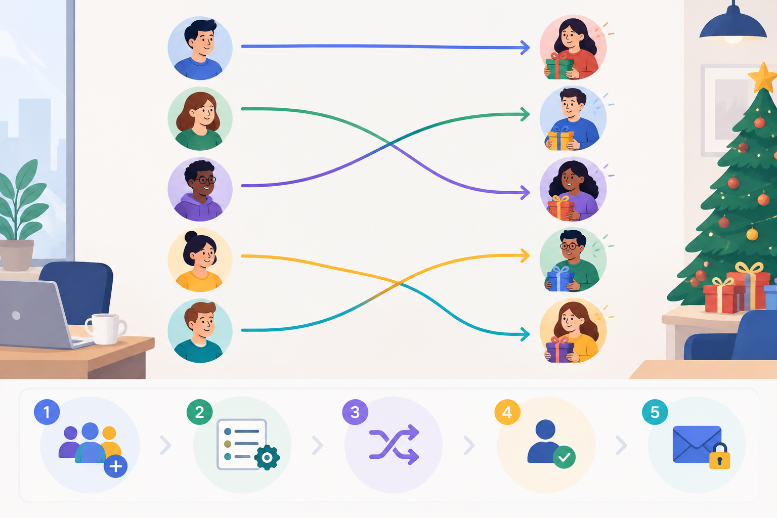 Diagramme simple montrant des participants reliés par des flèches vers leurs destinataires Secret Sa