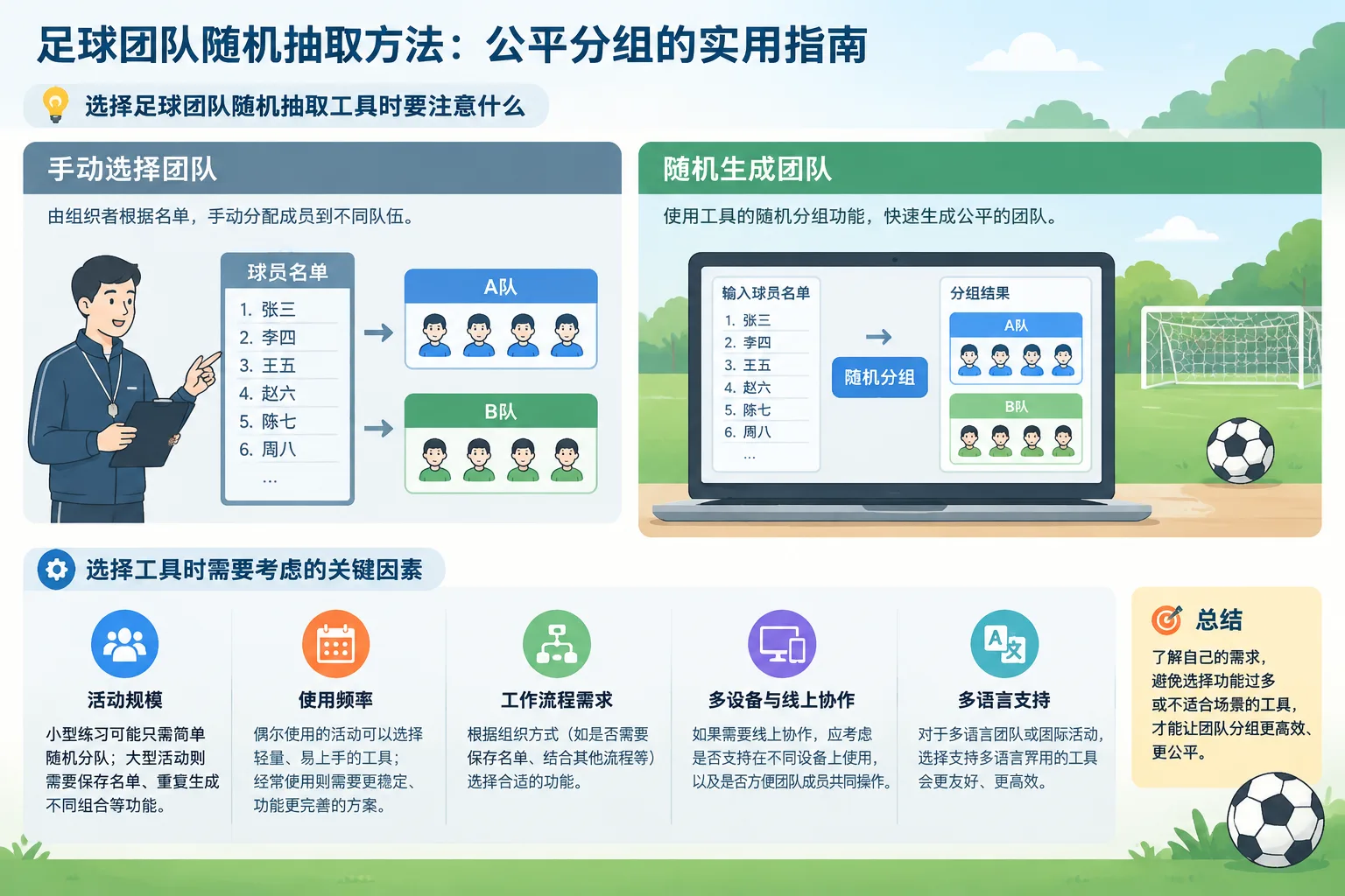 neutral infographic comparing manual team selection and random team generation workflows