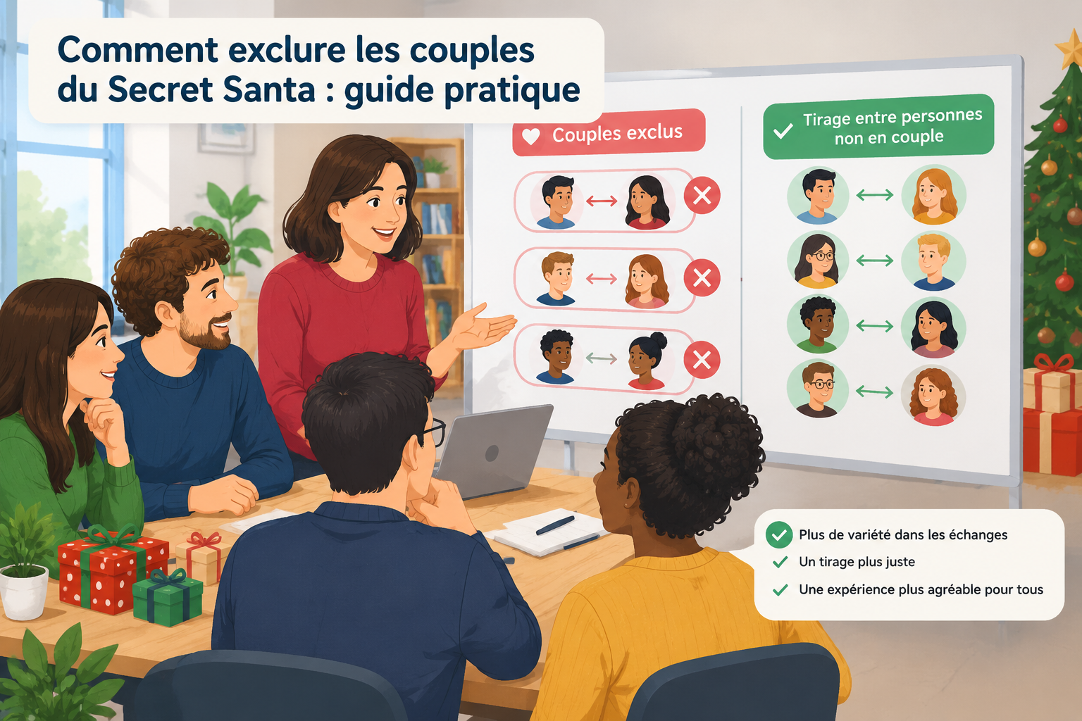 illustration pédagogique montrant un groupe de participants avec des liens de couples exclus dans un