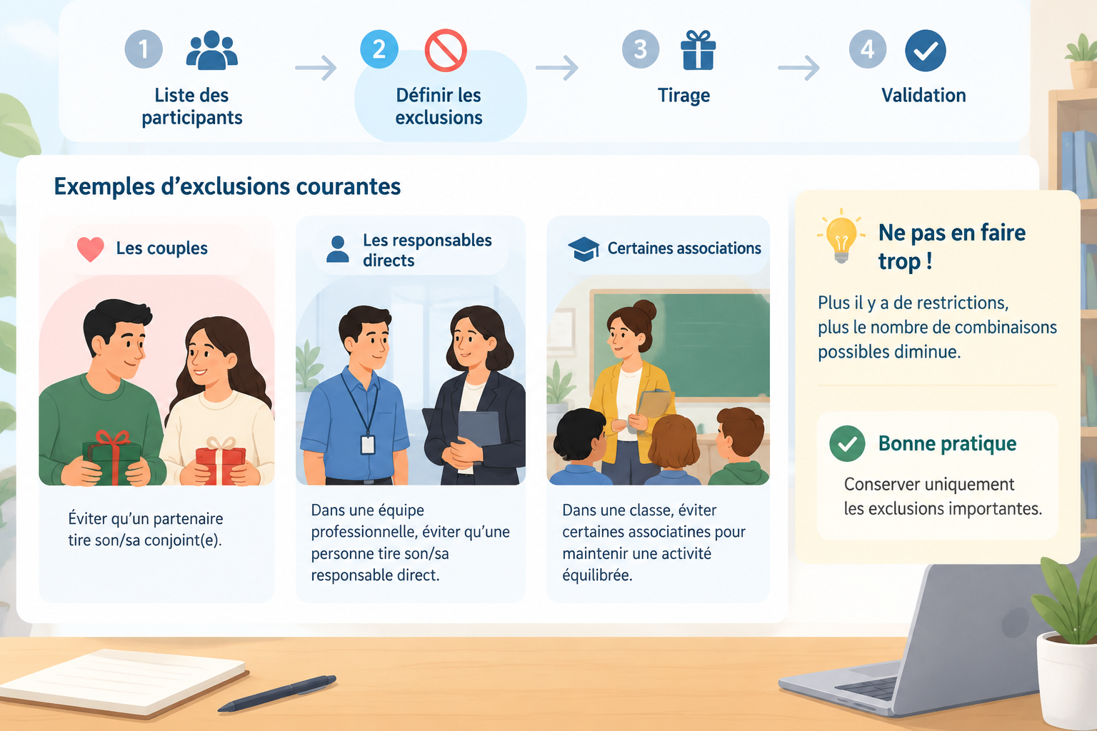 diagramme simple montrant les étapes liste des participants exclusions tirage validation pour un Sec