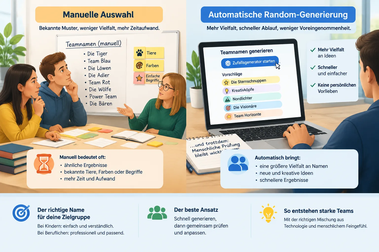 comparison illustration between manual team naming and automated random name generation workflow