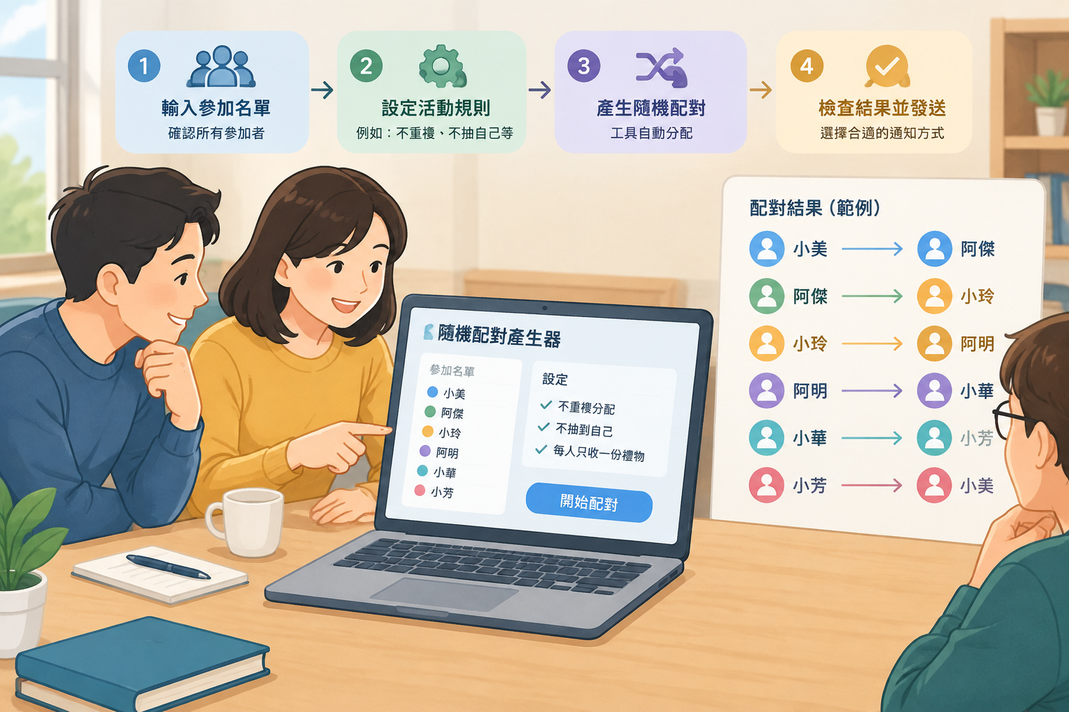 顯示一個不帶品牌標誌的秘密交換禮物隨機配對示意圖,姓名以抽象圓點或卡片表示,每人指向不同送禮對象