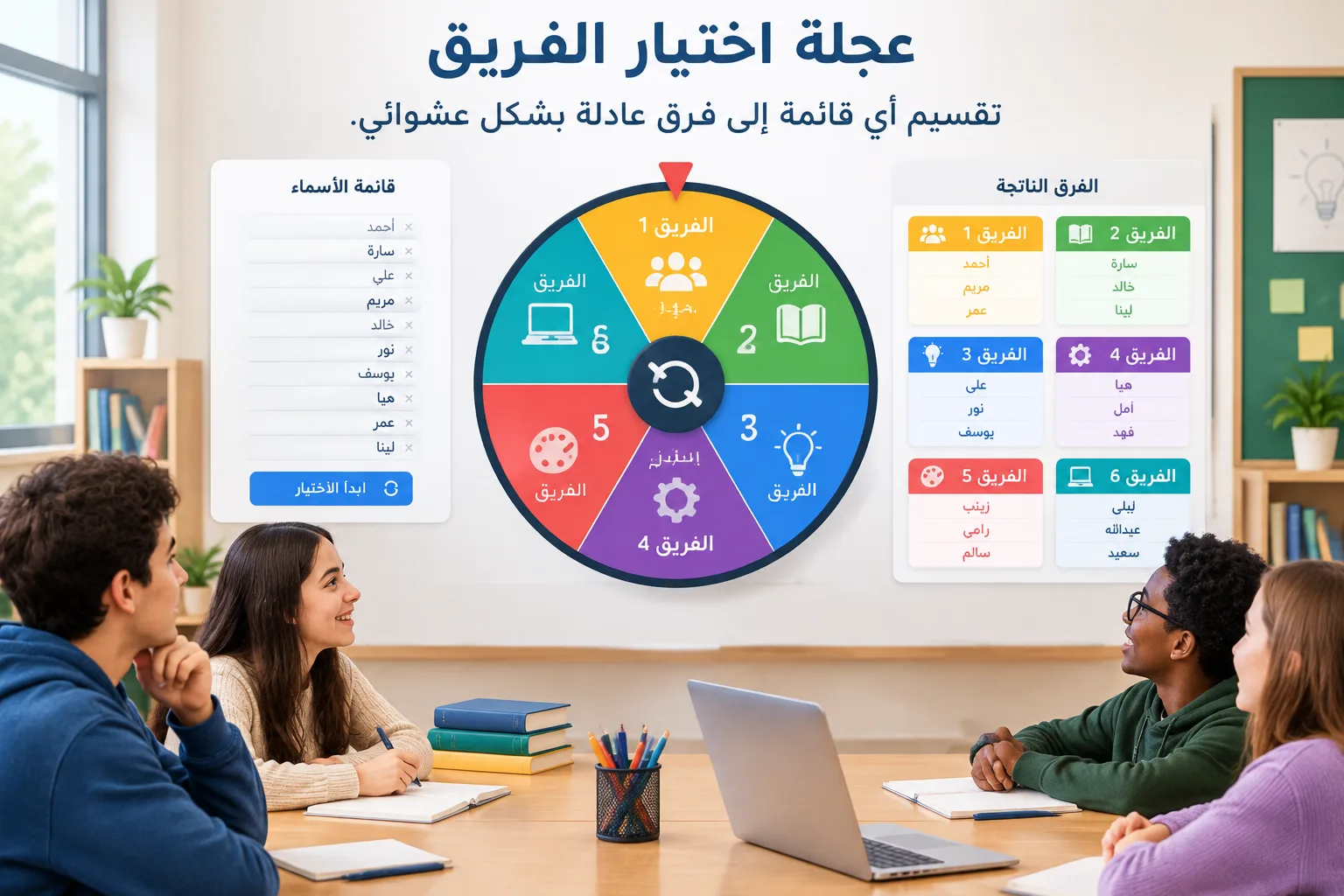 عجلة اختيار الفريق مع أسماء مكتوبة عليها وأيقونات للفرق