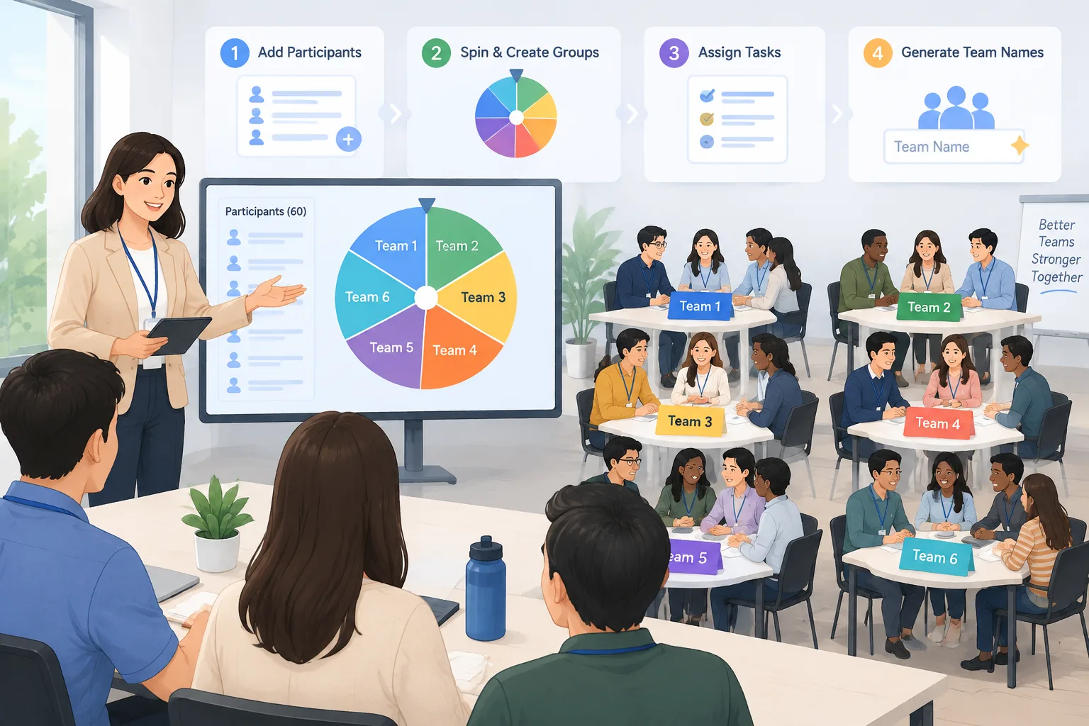 workshop facilitator using a neutral digital grouping workflow illustration with balanced teams