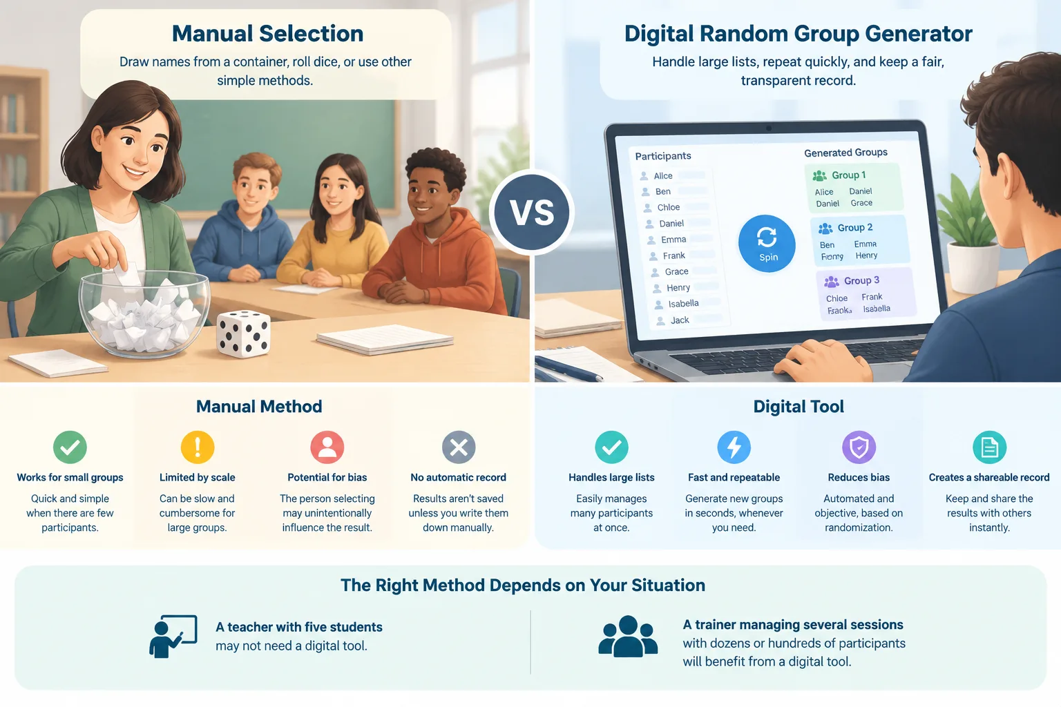 comparison infographic showing manual name drawing versus digital random group generation workflow