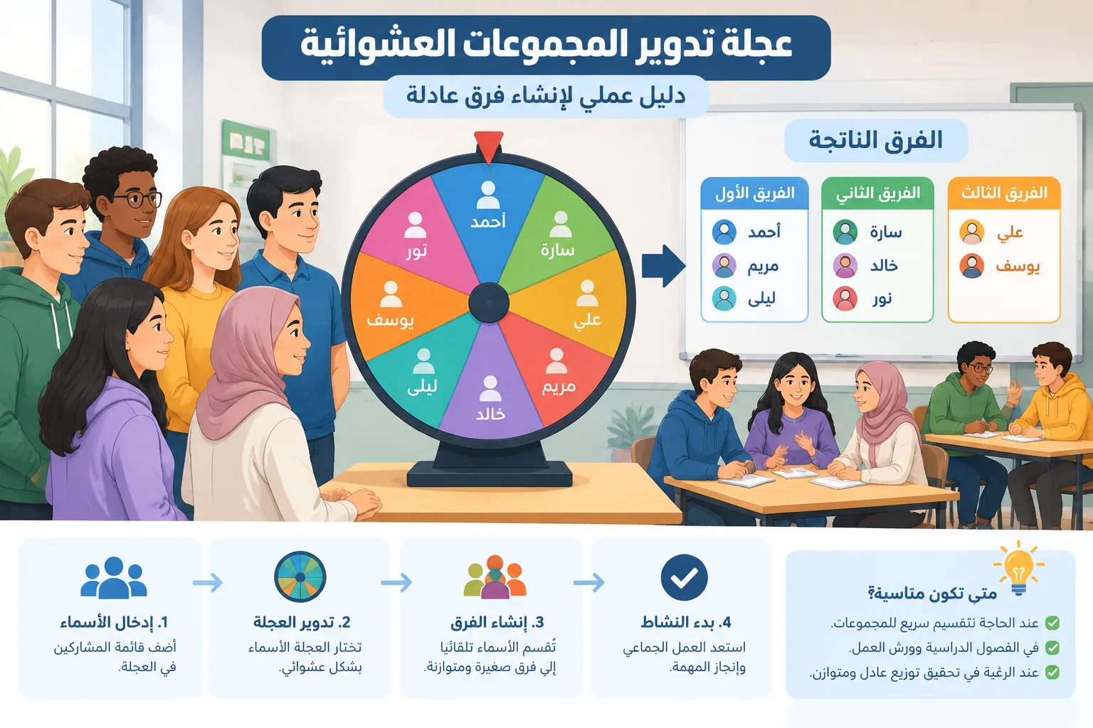 تعليمية توضح عجلة اختيار عشوائي تقسم مجموعة من الأسماء إلى فرق صغيرة باستخدام مخطط بسيط ومنظم