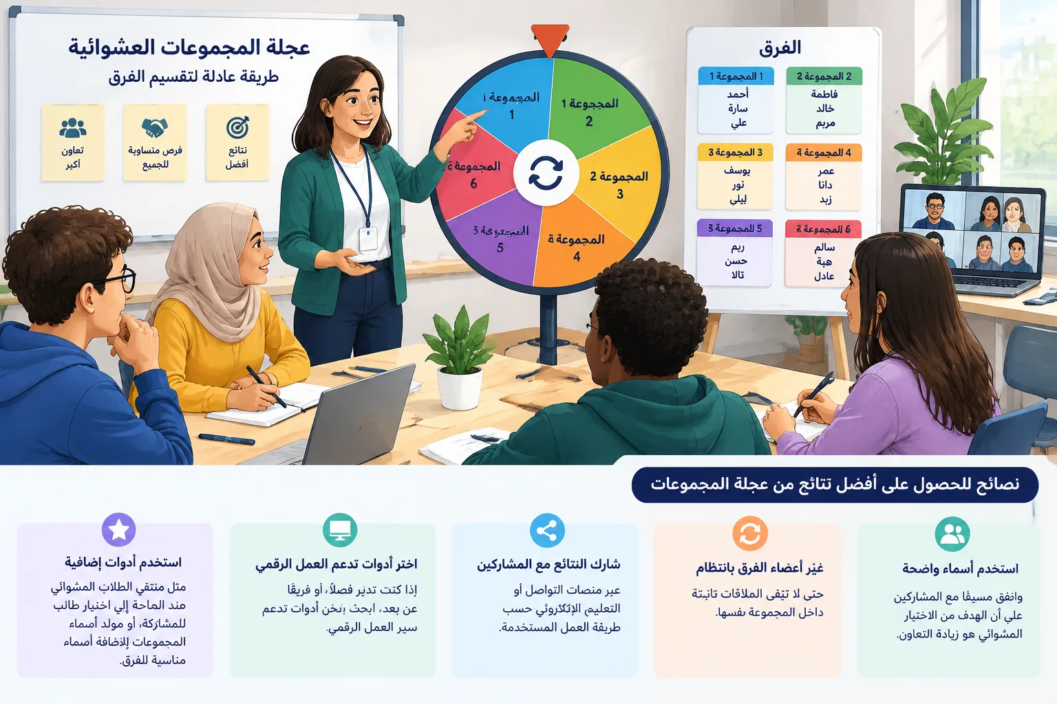 رسم توضيحي لفريق تعليمي أو تدريبي يستخدم نتائج تقسيم عشوائي في نشاط جماعي منظم