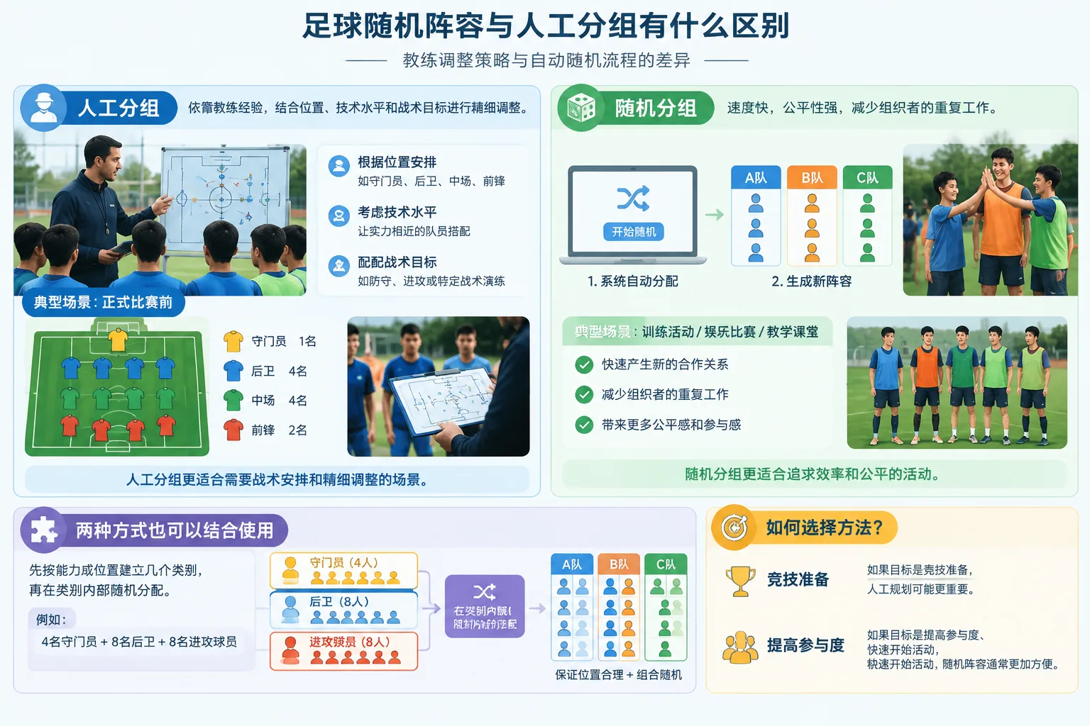 人工分组与随机分组对比图，展示教练调整策略和自动随机流程的差异