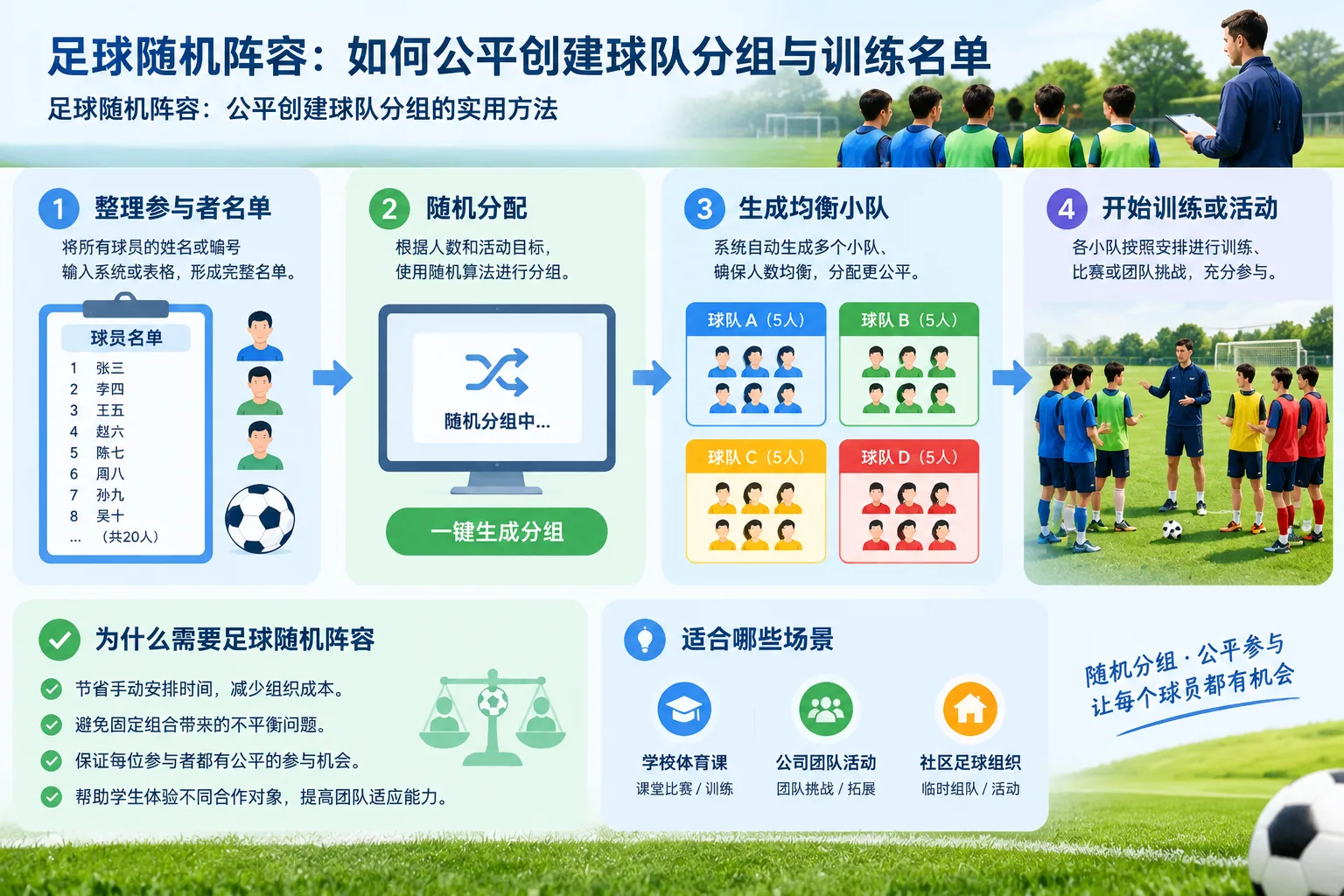 足球训练活动中的随机分组流程示意图，展示球员名单经过随机分配形成多个平衡小队