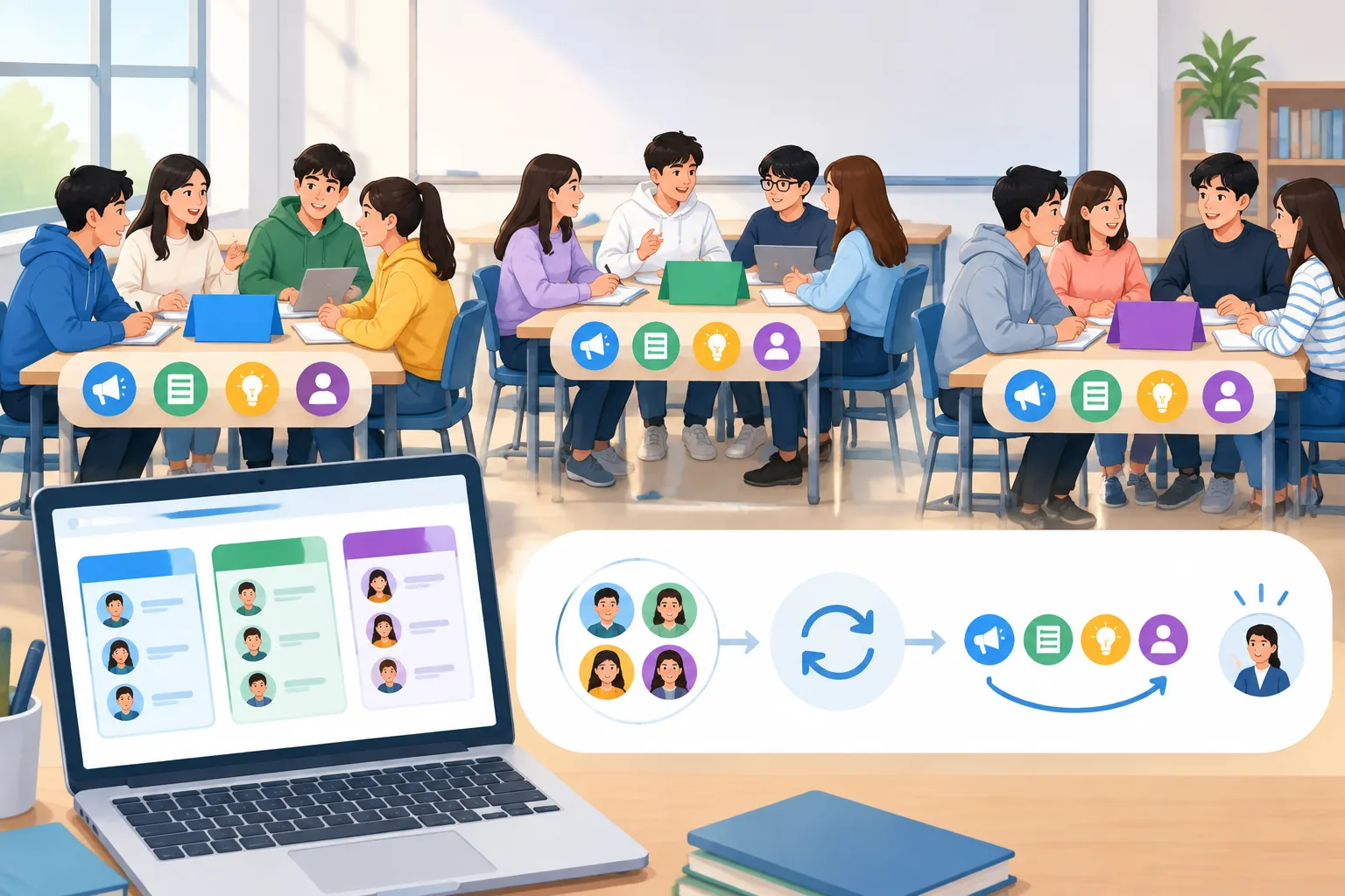 Flat instructional scene of three table groups each